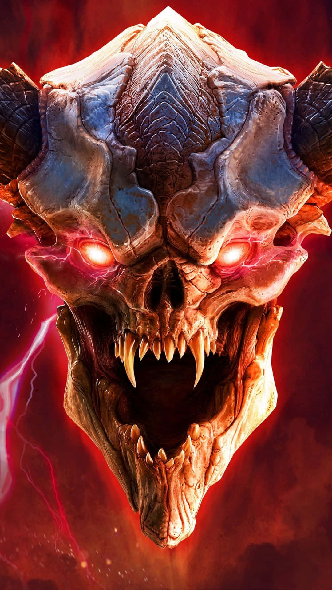 Doom iPhone 桌布 壁紙 — 一個帶有發光紅眼和鋸齒狀牙齒的威脅性惡魔頭骨，置於帶有閃電的熾熱紅色背景上。