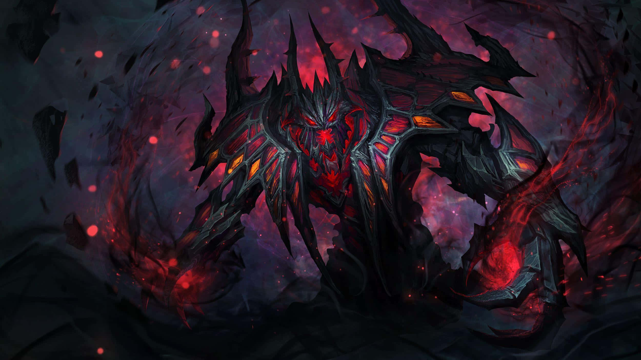 Shadow Fiend 桌布 壁紙 — 一個帶有發光紅眼和鋸齒狀盔甲的威脅性黑暗惡魔，從旋轉的宇宙煙霧中出現，背景是深紫色星雲。