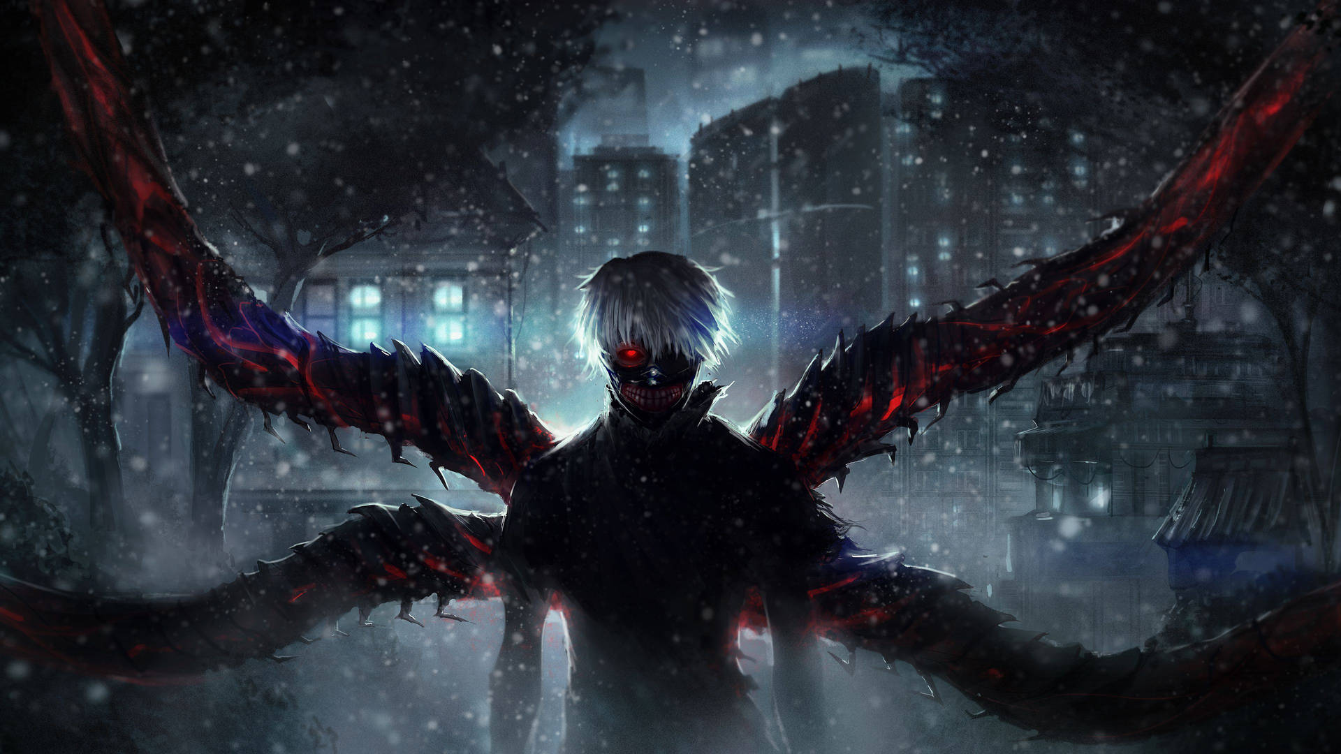 雪夜城市中，帶有紅色翅膀和發光眼睛的動漫怪物 — 東京 Ravens 壁紙