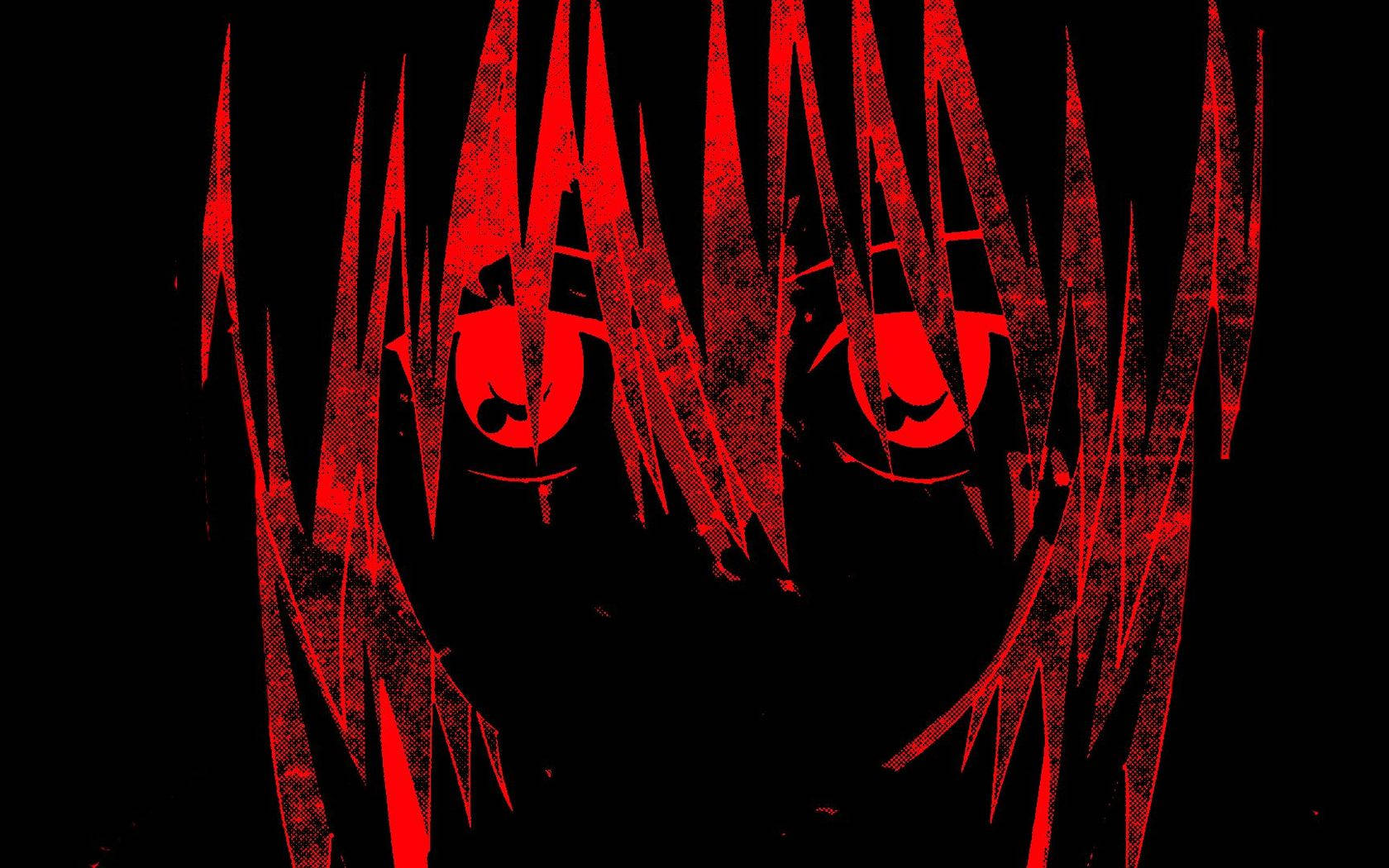 Elfen Lied 桌布 壁紙 — 一個帶有發光紅眼和鋸齒狀紅髮的威脅性動漫角色，背景為黑色。
