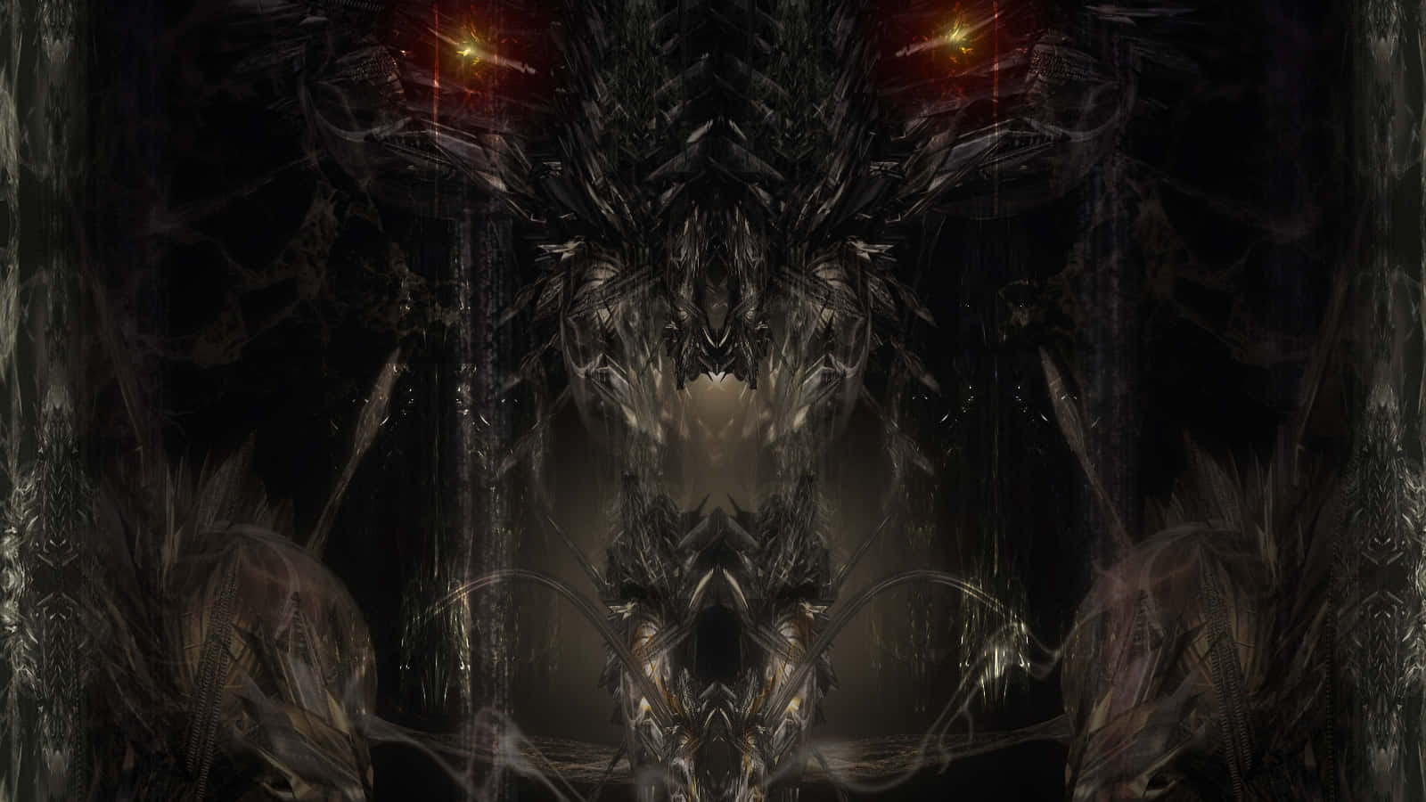 Dark Gothic 桌布 壁紙 — 一個帶有發光紅眼和鋸齒狀金屬尖刺的威脅性對稱數位藝術生物從黑暗中浮現。