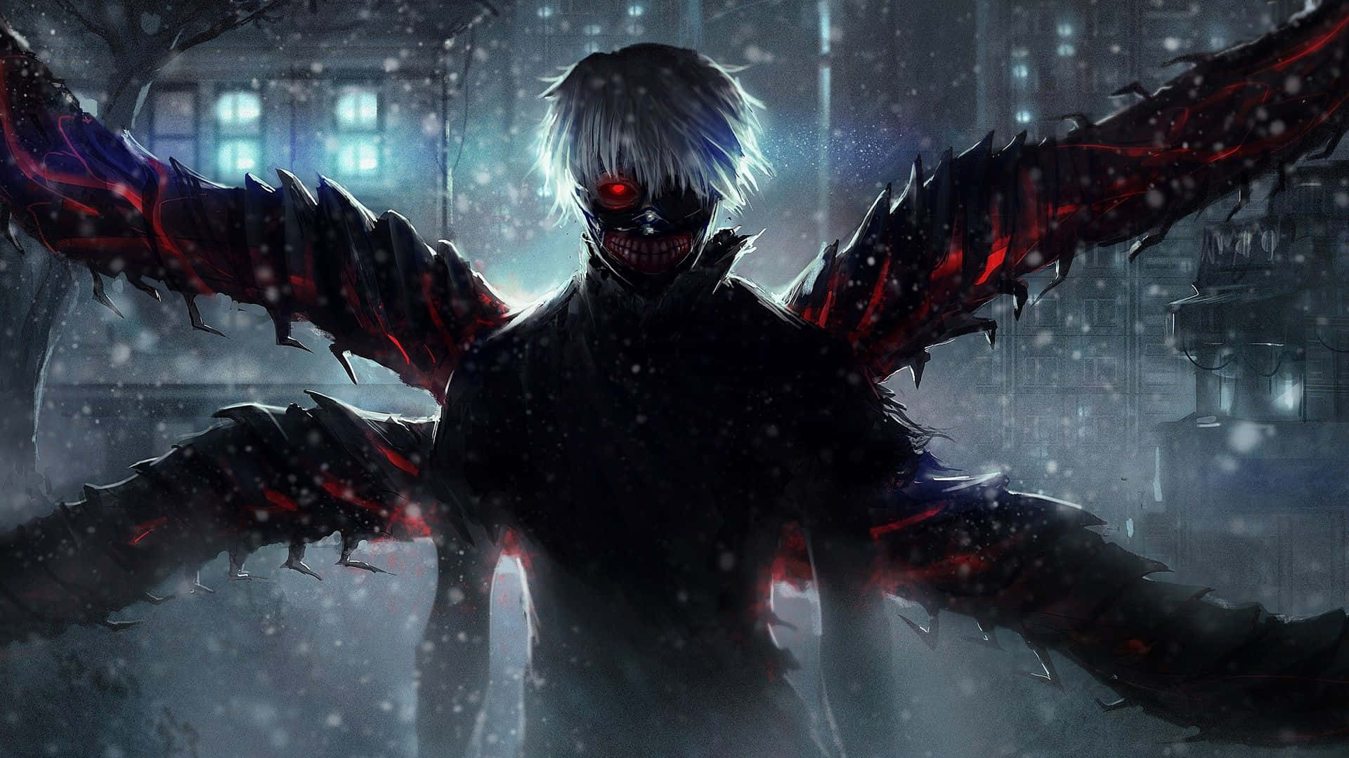 Ken Kaneki 桌布 壁紙 — 一個帶有發光紅眼和鋸齒狀黑色翅膀的威脅性動漫角色，站在雪景都市夜景中。