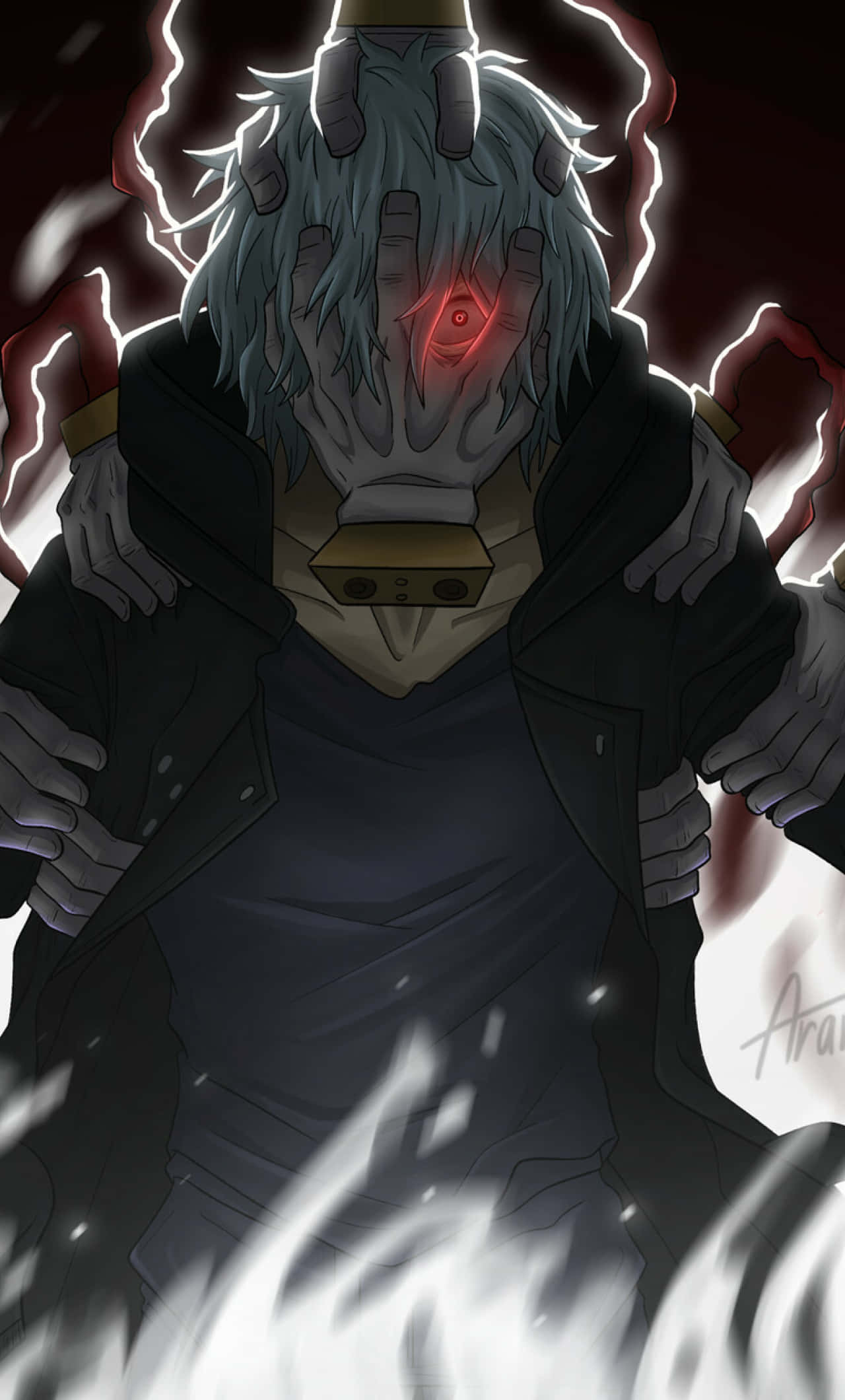 Tomura Shigaraki 桌布 壁紙 — 一個帶有發光紅眼和雙手周圍閃電噼啪作響的黑暗戲劇性姿勢的威脅性動漫角色。