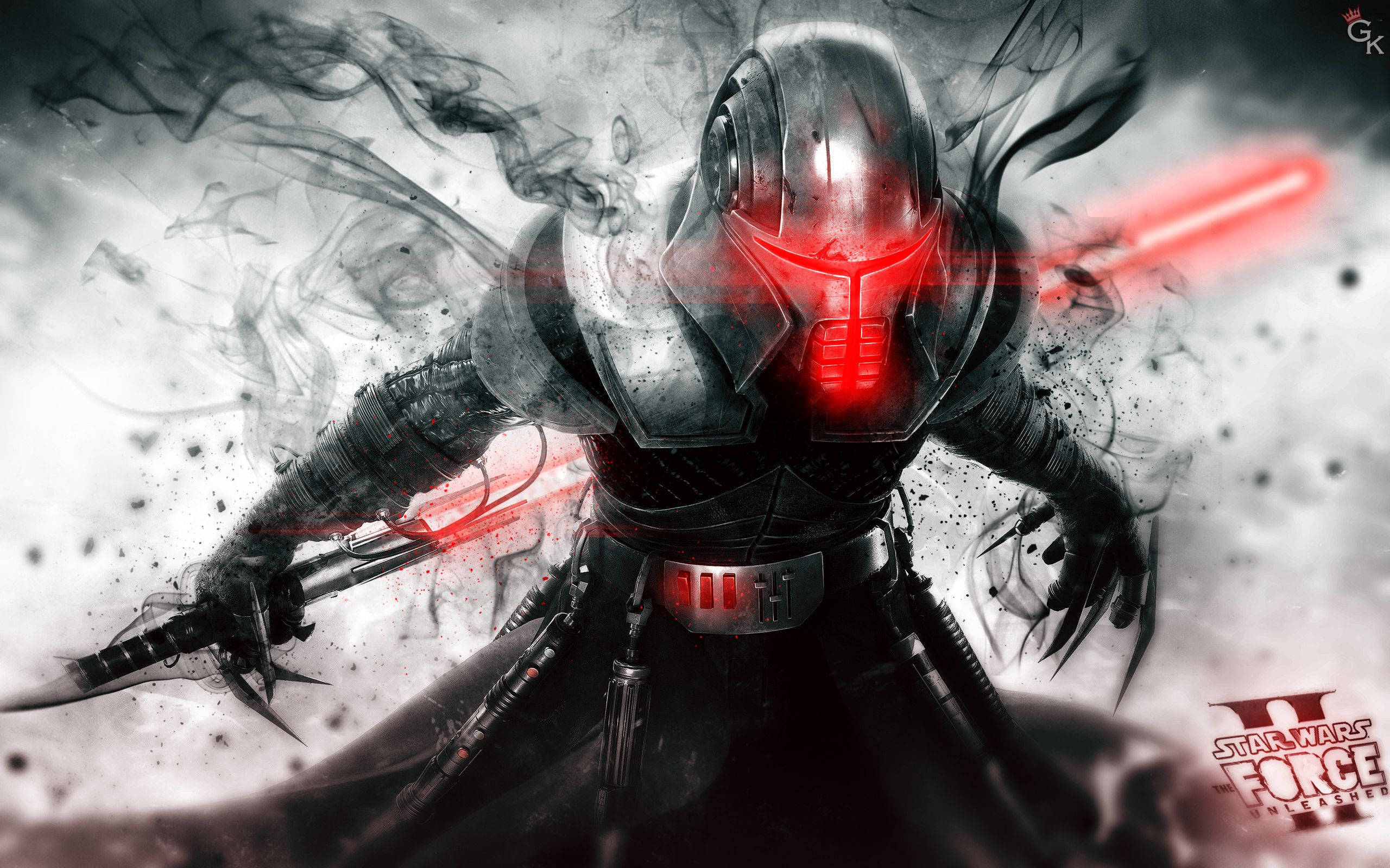 Sith 桌布 壁紙 — 一個帶有發光紅眼和雙紅色光劍的威脅性裝甲戰士，站在旋轉的煙霧和碎片中。