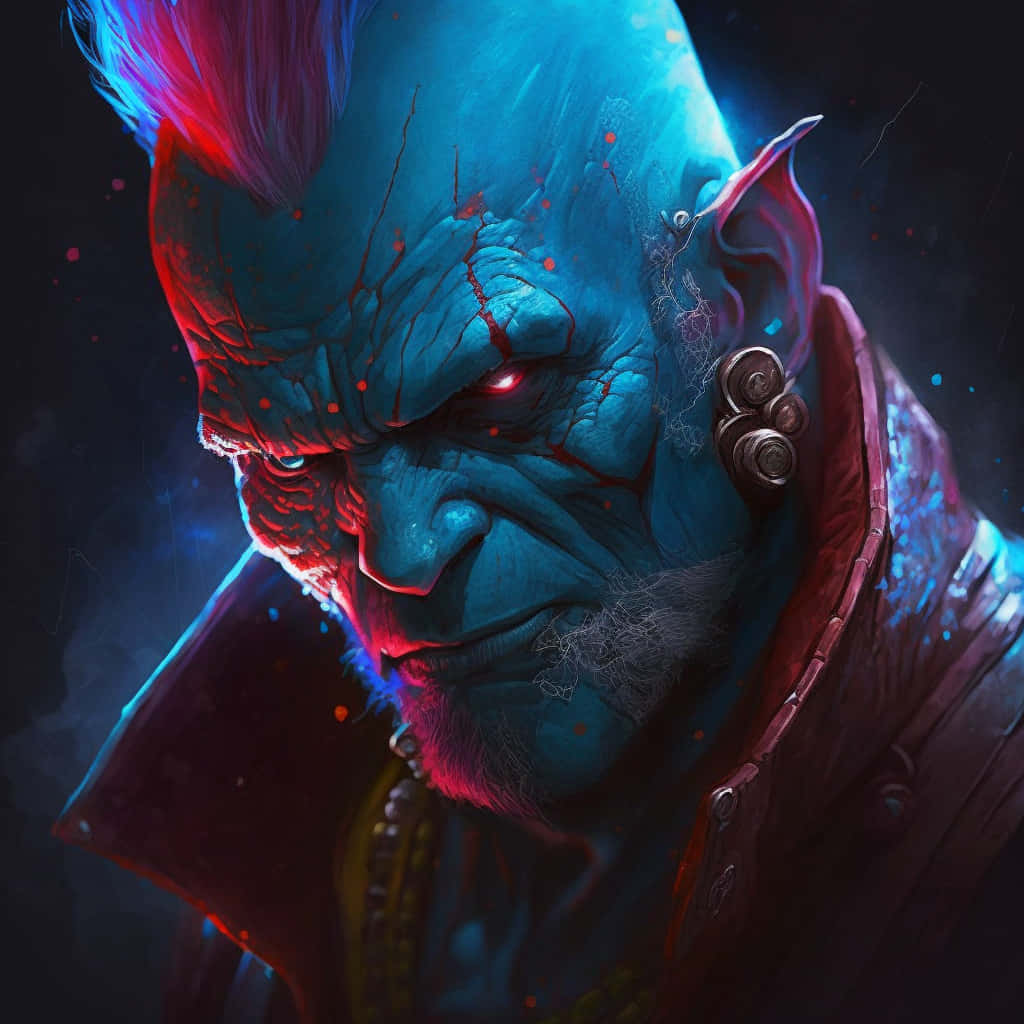 Yondu 桌布 壁紙 — 一個帶有發光紅眼和電子耳植入物的藍皮膚外星人，在黑暗的宇宙背景下強烈凝視。
