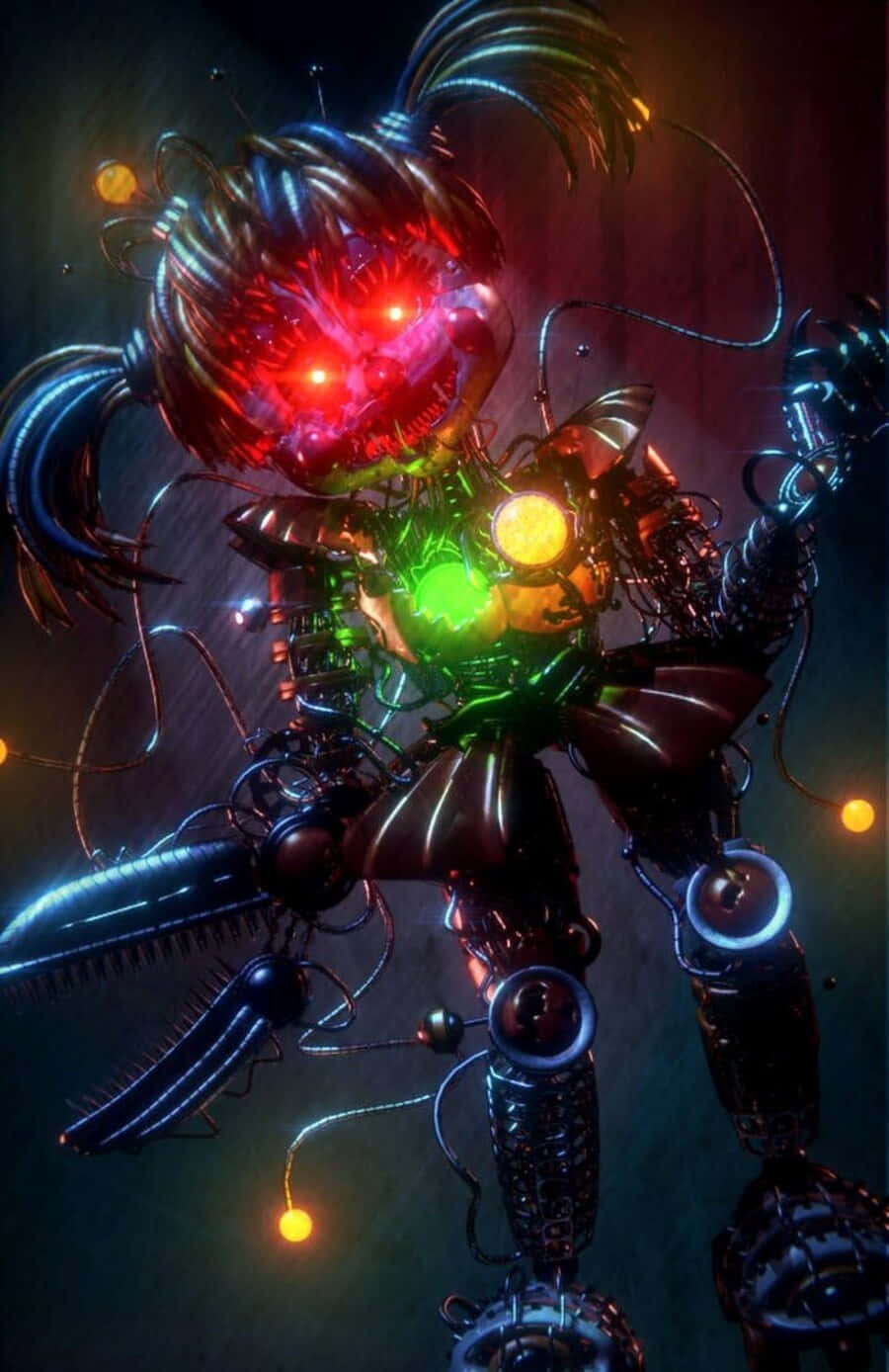 Scrap Baby 桌布 壁紙 — 一個帶有發光紅眼和霓虹綠色核心的威脅性賽博格女孩，站在黑暗數位空間中漂浮的電線和溫暖球體之間。