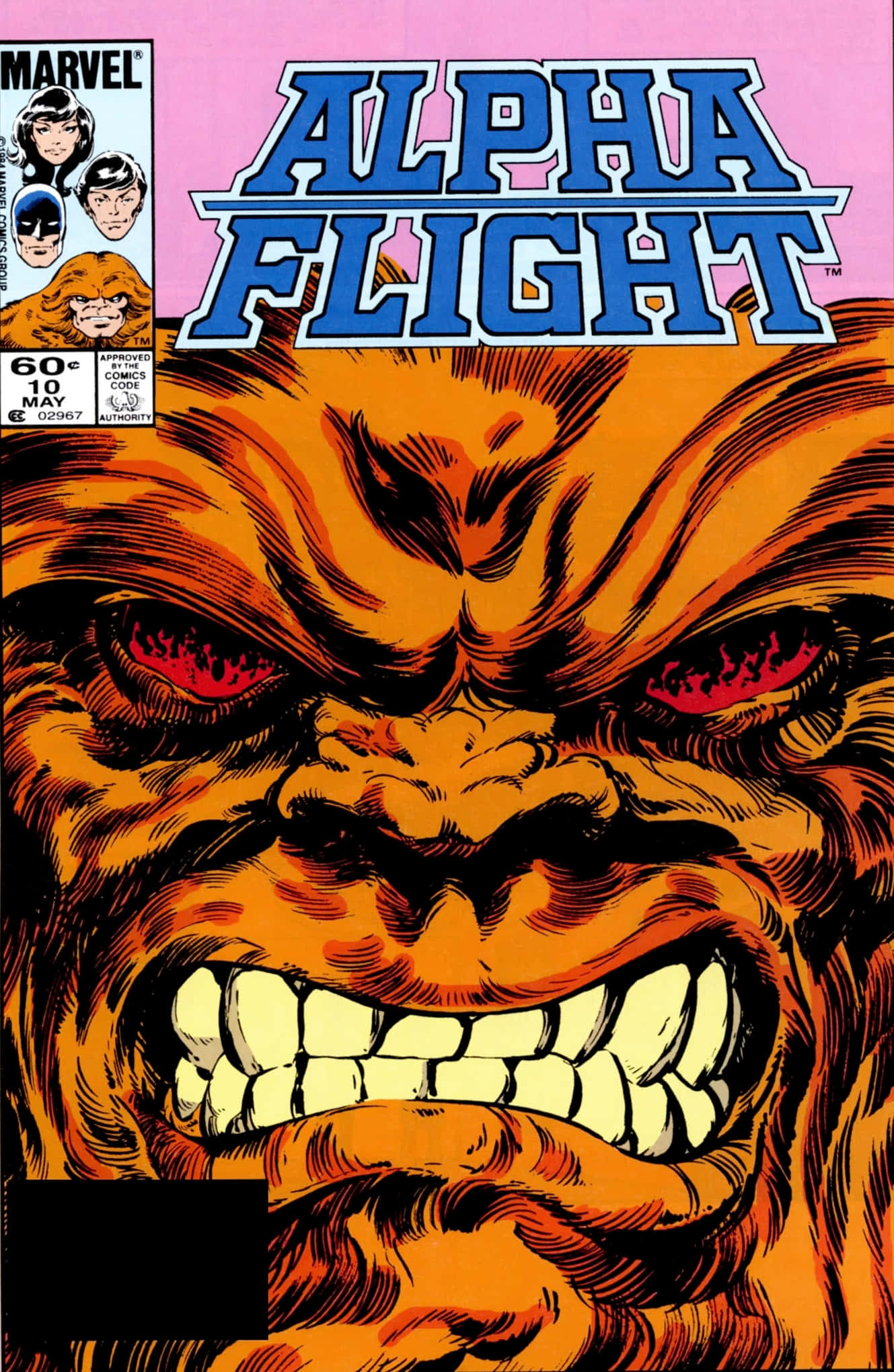 Alpha Flight 桌布 壁紙 — 一個帶有發光紅眼和露出牙齒的野性橙色皮膚生物的威脅性特寫主導了漫畫書封面。