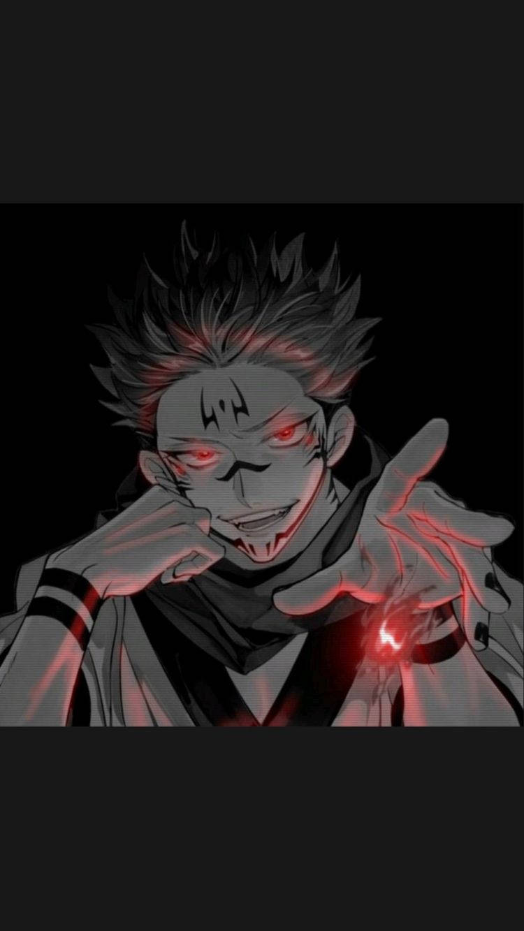 Crazy Anime Boy 桌布 壁紙 — 一個帶有發光紅眼和頭髮的威脅性動漫角色，從他的手中引導深紅色能量，背景為黑色。