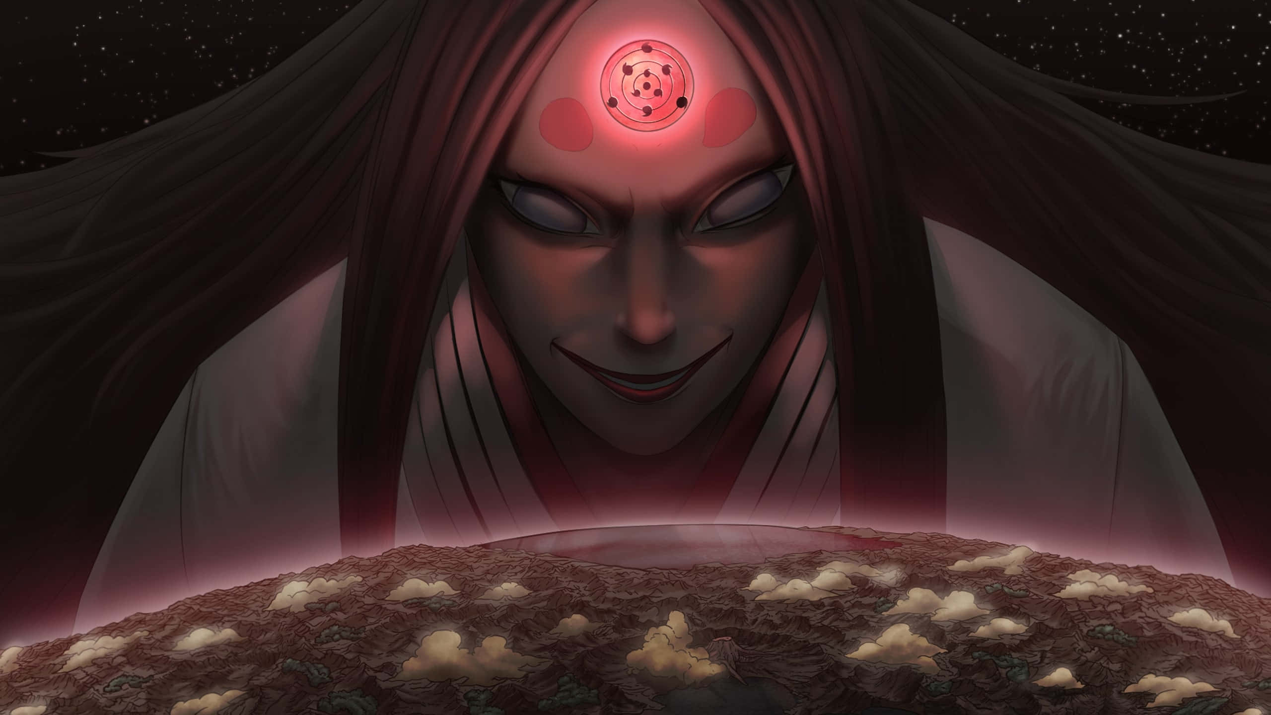 Kaguya Otsutsuki 桌布 壁紙 — 一個帶有發光紅眼和額頭符號的威脅性動漫角色，在星空下的裂開大地上若隱若現。