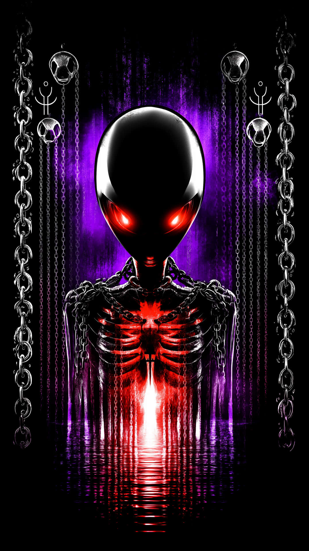 Chained Metallic Being with Glowing Core and Symbols 壁紙 — 一個帶有發光紅眼和骷髏般軀幹的威脅性外星人從紫色燈光下的水中浮現，周圍環繞著懸掛的鎖鏈和頭骨。