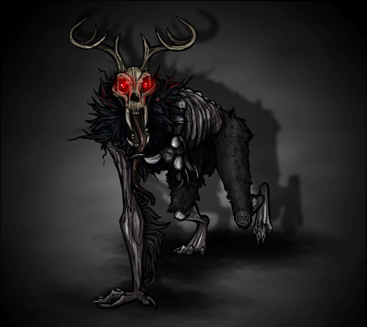 Wendigo 桌布 壁紙 — 一個帶有發光紅眼和鹿角的威脅性骷髏生物站在黑暗的攝影棚中。