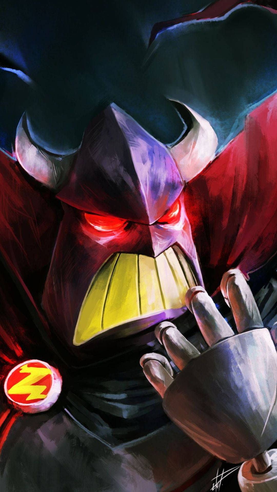 emperor zurg 桌布 壁紙 — 一個帶有發光紅眼和黃色口罩的威脅性動畫反派，在黑暗背景中舉起戴手套的手。