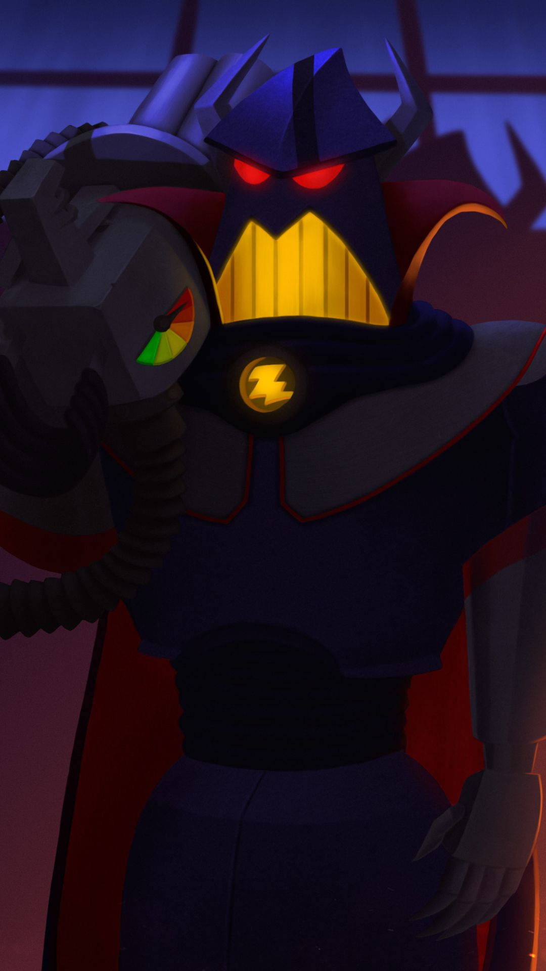emperor zurg 桌布 壁紙 — 一個帶有發光紅眼和黃色閃電標誌的威脅性動畫反派，站在陰暗的紫色色調中。