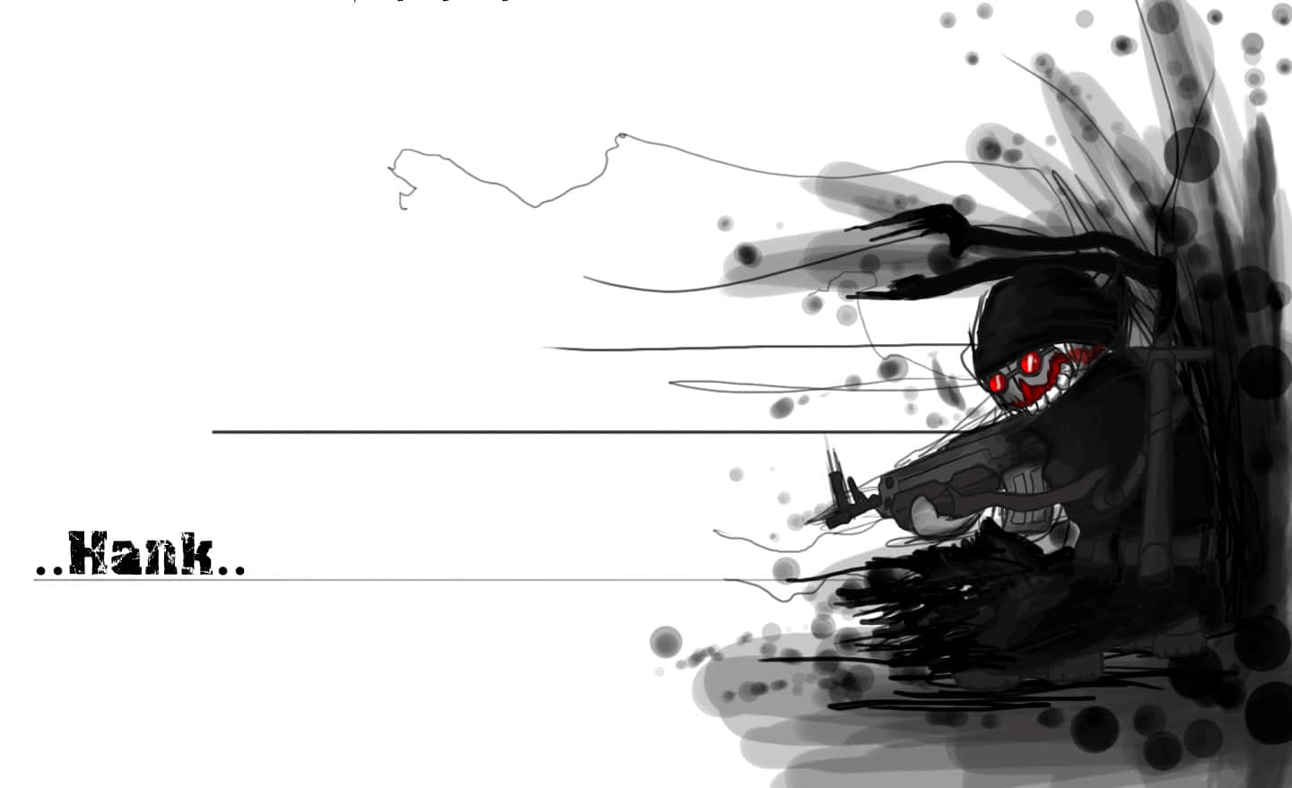 紅眼動漫士兵以深色墨水飛濺風格手持步槍。 — 槍枝 GIF 壁紙