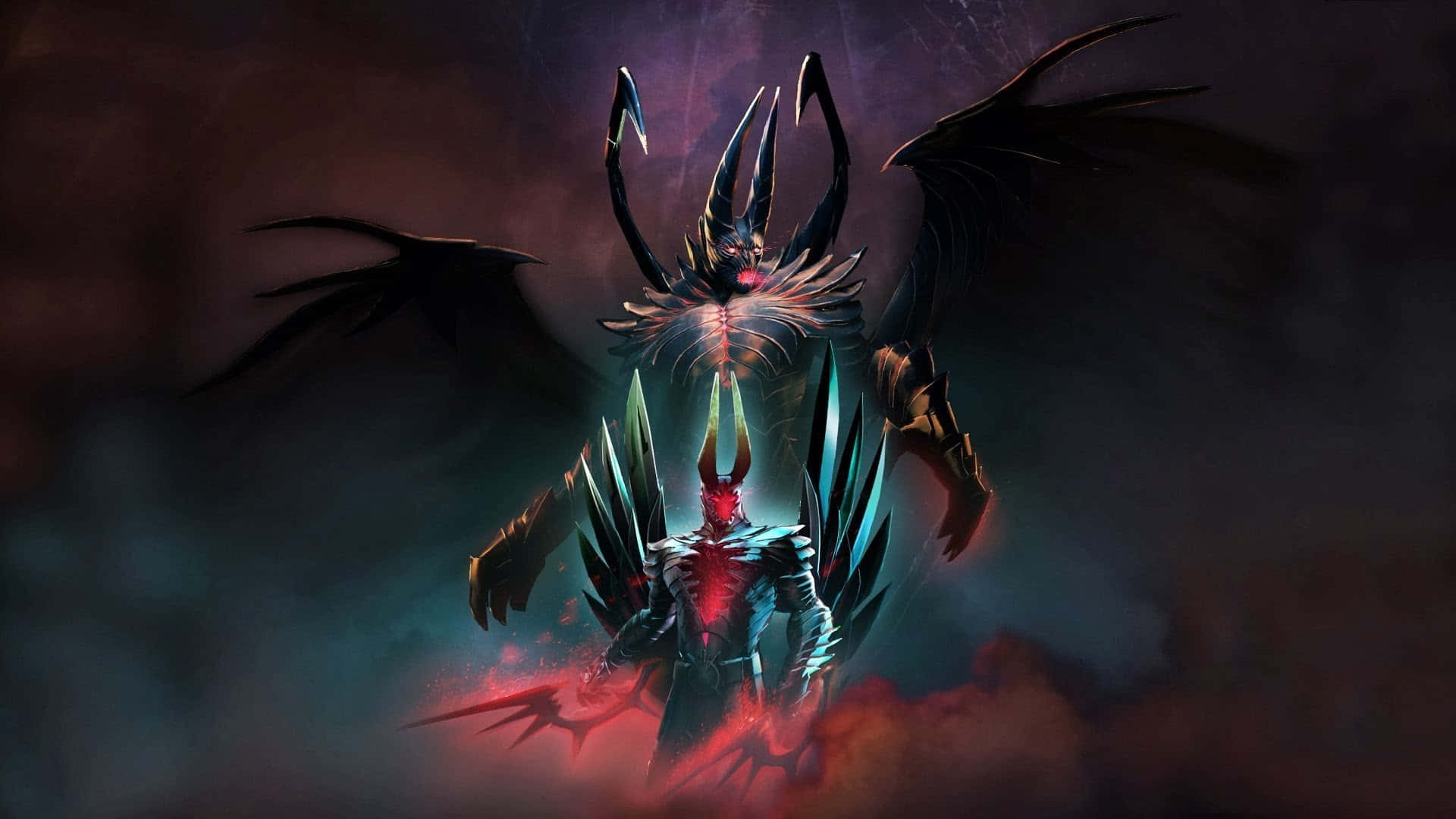 1920x1080 Dota 2 桌布 壁紙 — 一個帶有發光紅眼和黑色翅膀的威脅性黑暗天使，在煙霧瀰漫、不祥的虛空中，籠罩著一個較小的盔甲人物。