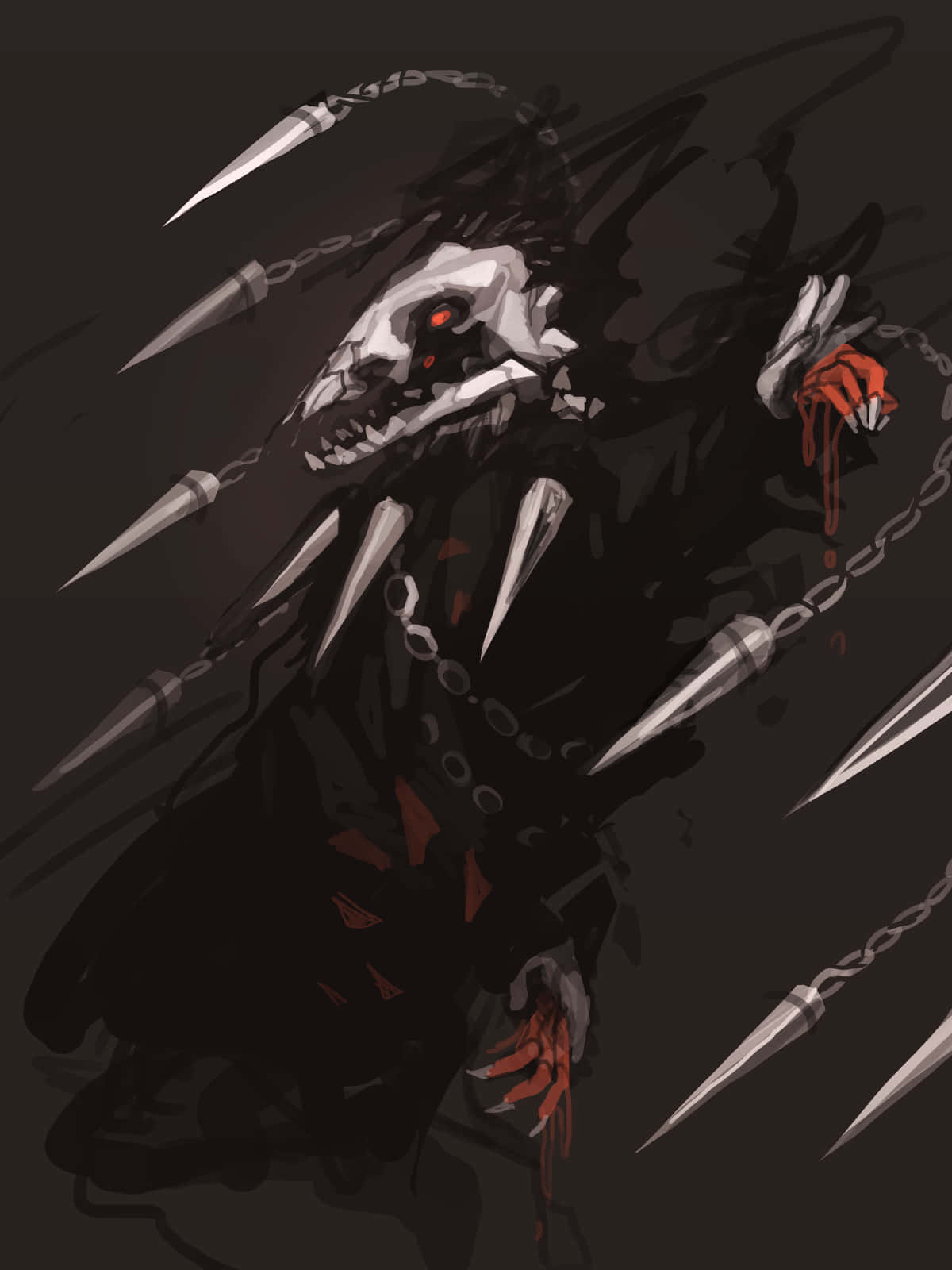 dorohedoro 桌布 壁紙 — 一個帶有發光紅眼的可怕骷髏身影，在黑暗背景下揮舞著帶刺的鎖鏈。