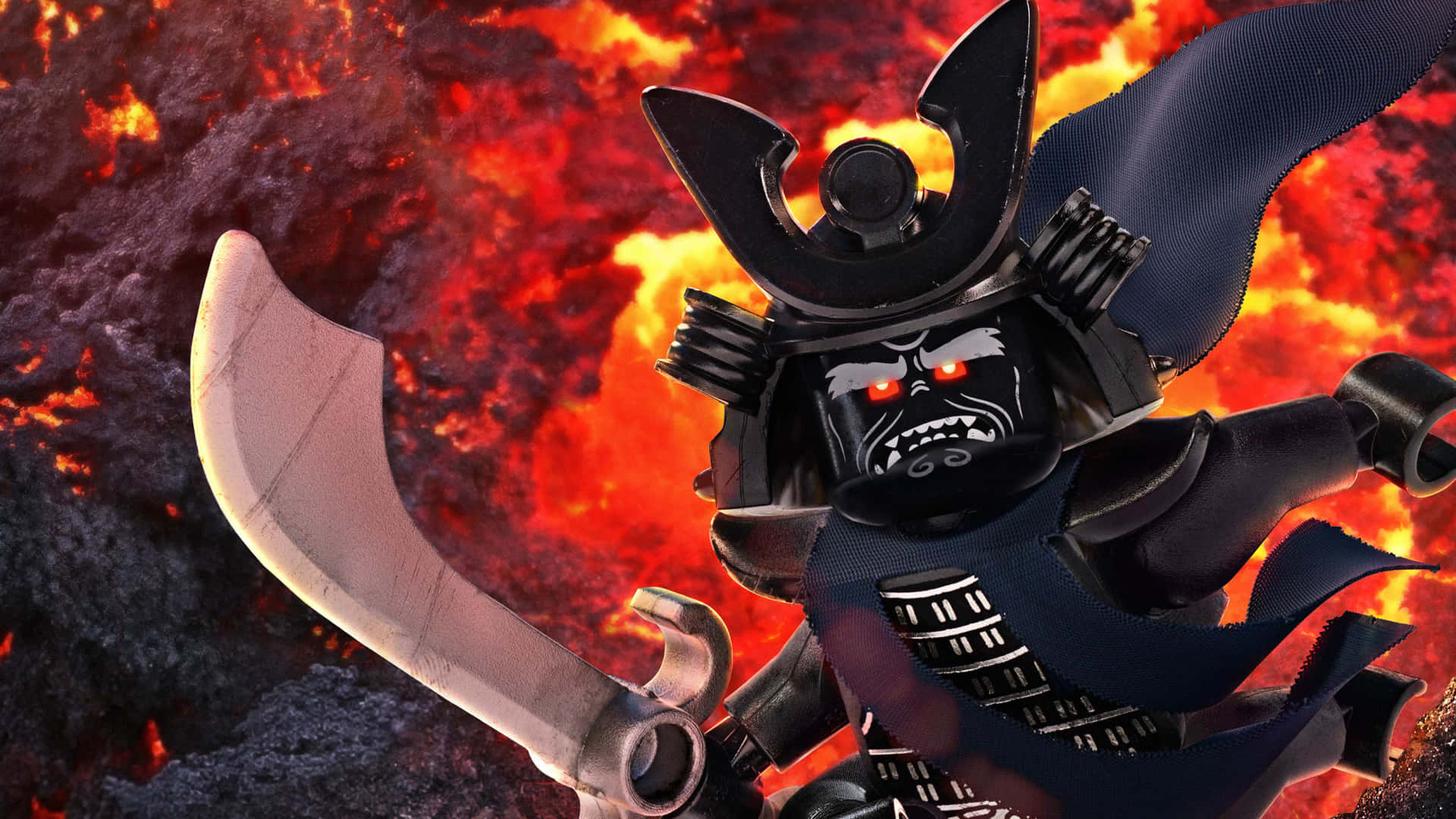 Animated 桌布 壁紙 — 一個帶有發光紅眼的威脅性LEGO武士戰士，在噴發的熔岩背景下揮舞著彎曲的刀刃。