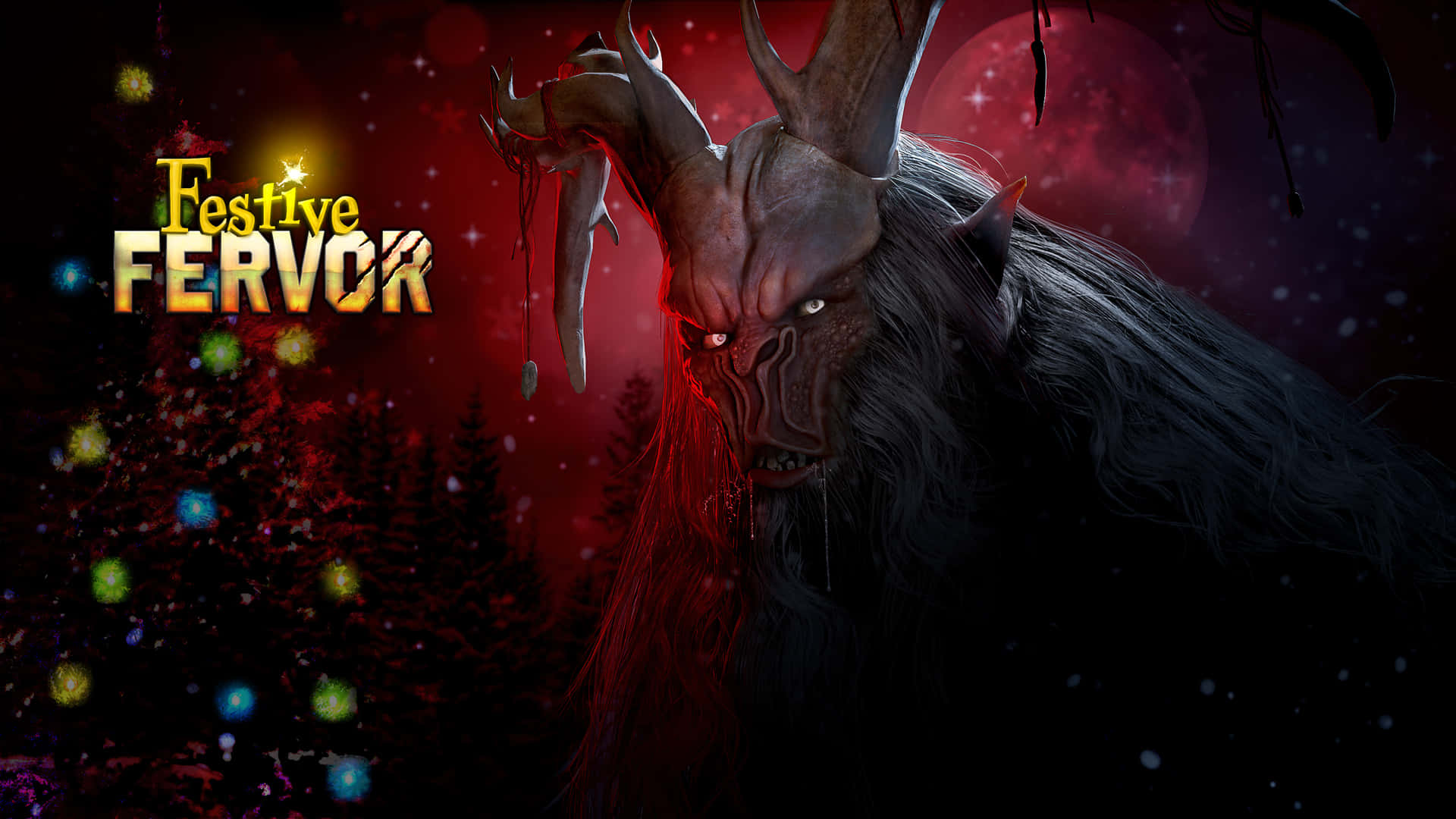 Krampus 桌布 壁紙 — 一個帶有發光紅眼的威脅性有角惡魔，聳立在一個有裝飾樹和紅月的雪森林之上。
