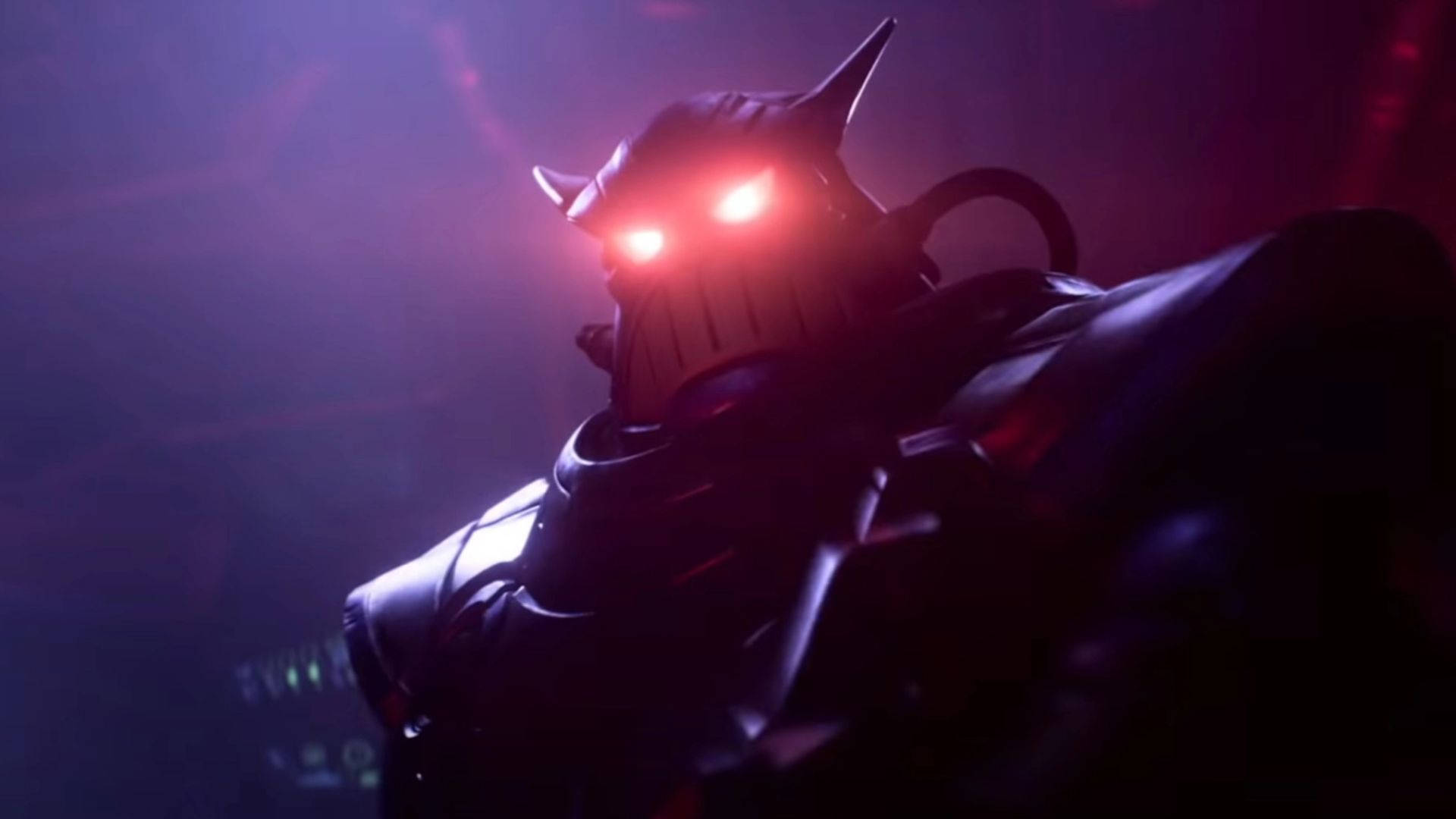 emperor zurg 桌布 壁紙 — 一個帶有發光紅眼的威脅性機器人形象在深紫色迷霧中隱現，散發出不祥的力量。