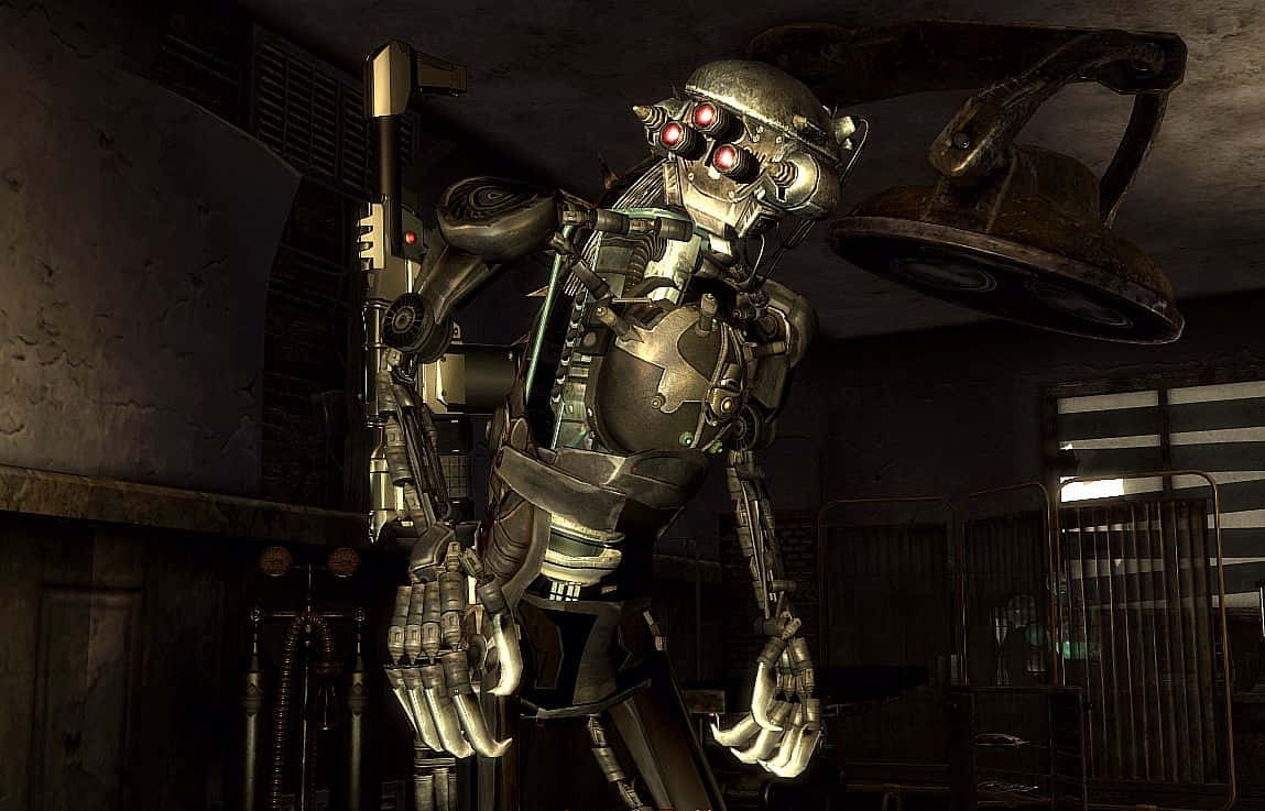 Fallout Characters 桌布 壁紙 — 一個帶有發光紅眼的威脅性生物機械機器人，站在光線昏暗、生鏽的工業房間裡。