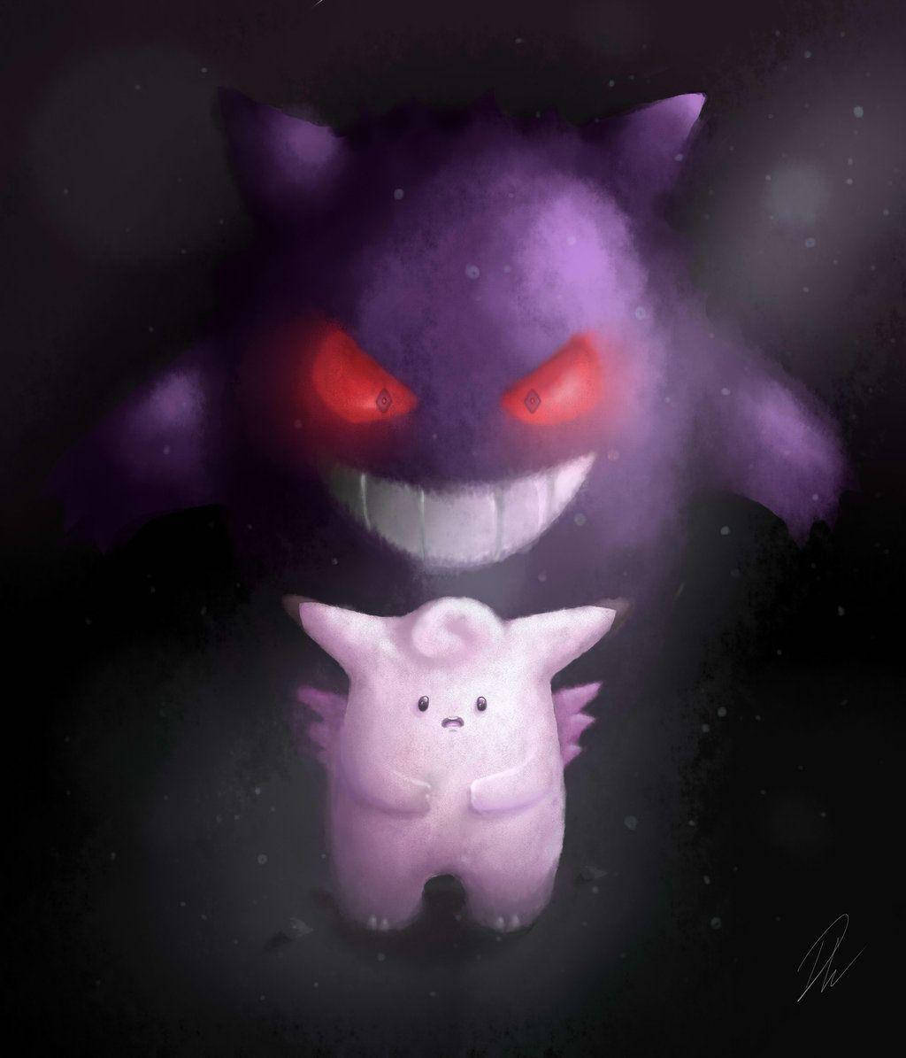 Gengar 桌布 壁紙 — 一個帶有發光紅眼的威脅性紫色鬼魂，在黑暗的星空背景下，籠罩著一個細小受驚的粉紅色生物。