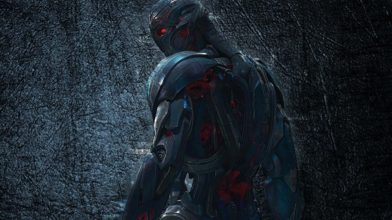 Marvel Movie 桌布 壁紙 — 一個帶有發光紅眼的威脅性裝甲人物站在陰影裂縫石頭上，散發著黑暗的未來威脅。