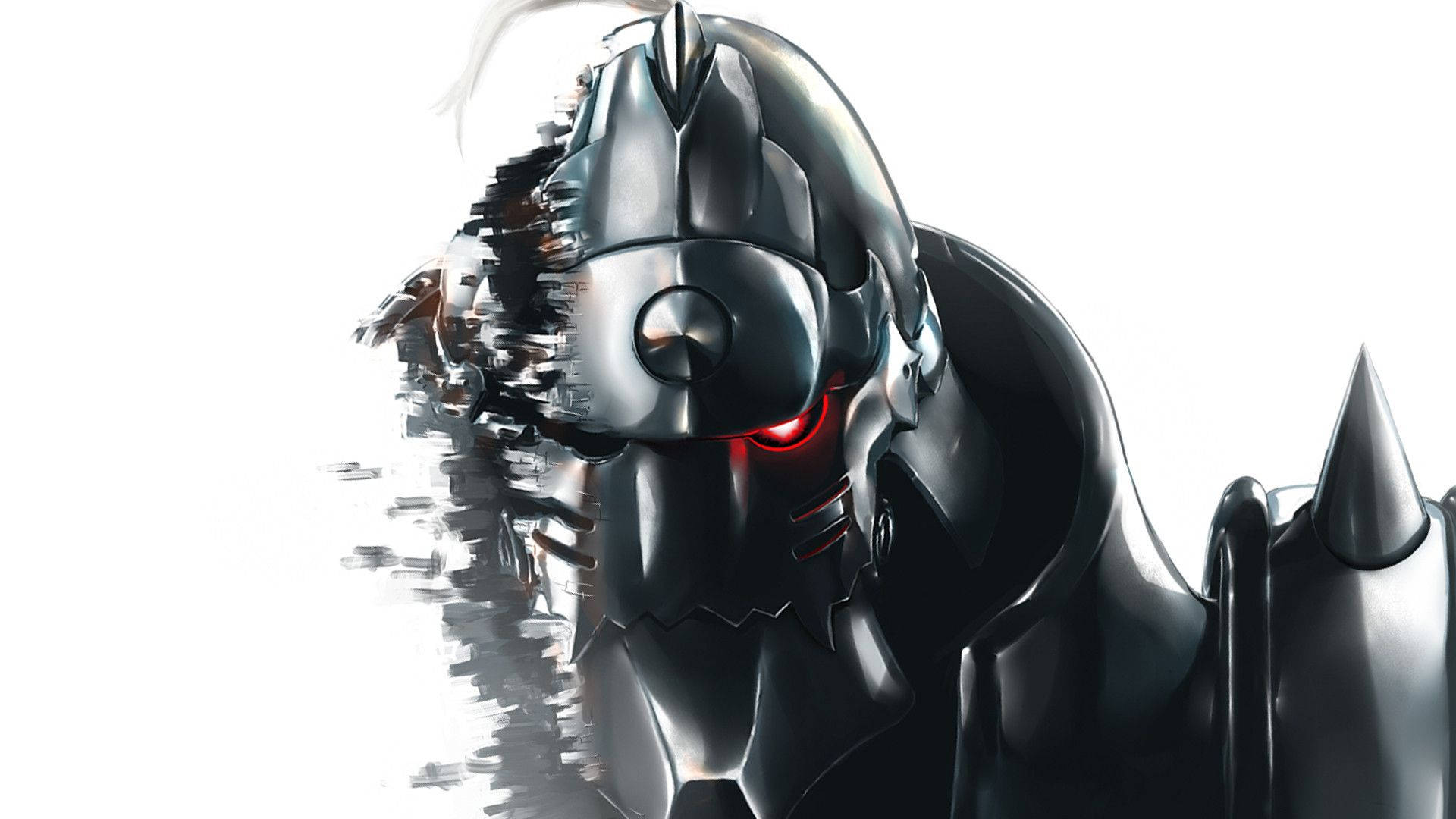 Fullmetal Alchemist 桌布 壁紙 — 一個帶有發光紅眼的威脅性裝甲人物，在純白背景上部分溶解成數位像素。