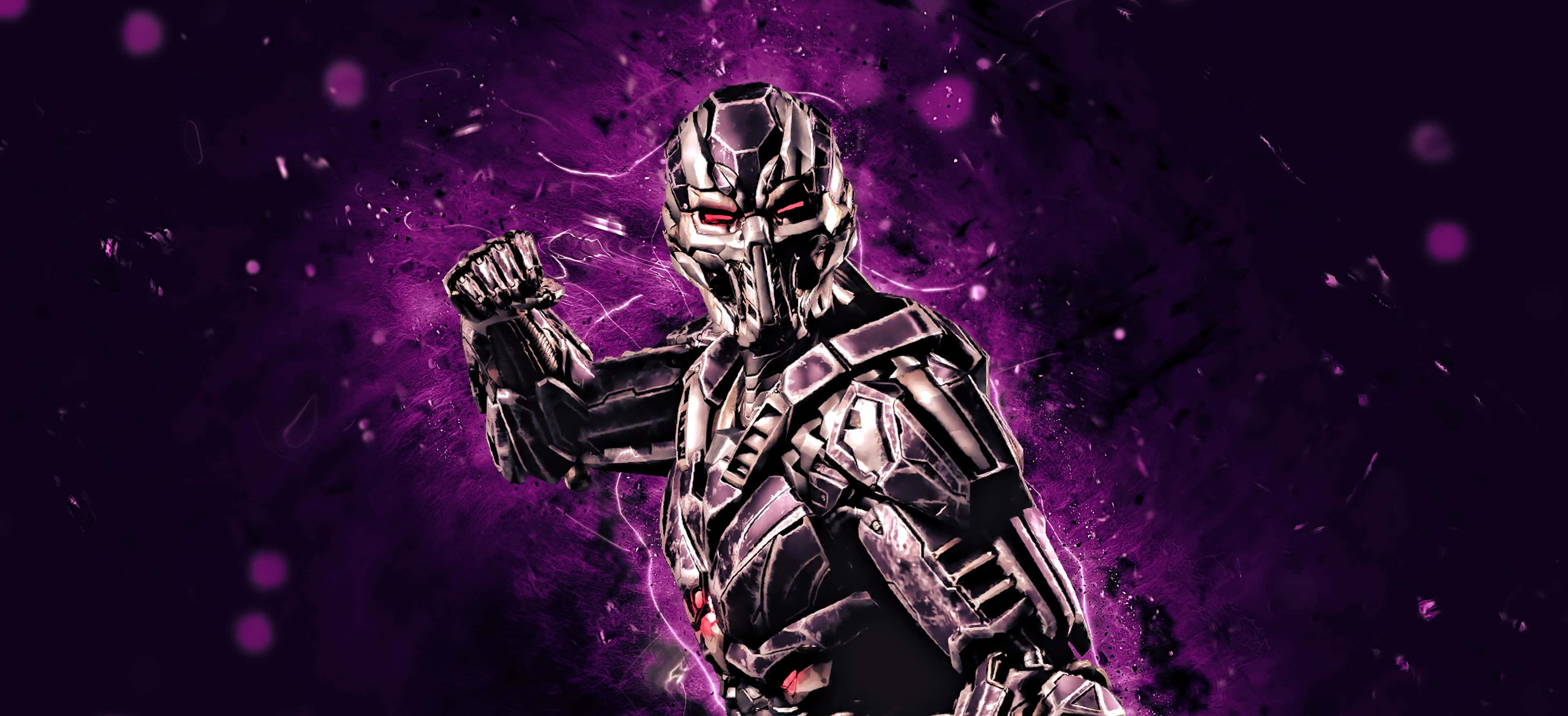 Mortal Kombat Triborg 桌布 壁紙 — 一個帶有發光紅眼的威脅性裝甲戰士，在充滿活力的紫色宇宙背景下擺出強有力的姿勢。