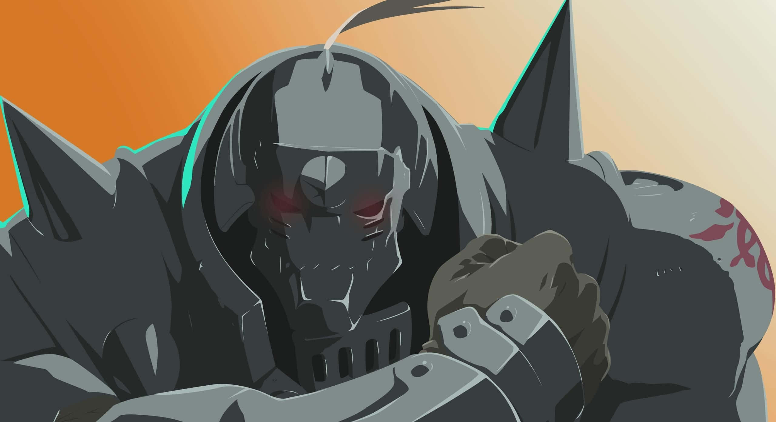 Alphonse Elric 桌布 壁紙 — 一個帶有發光紅眼的威脅性裝甲戰士，在溫暖的橙色漸變背景前握緊拳頭。