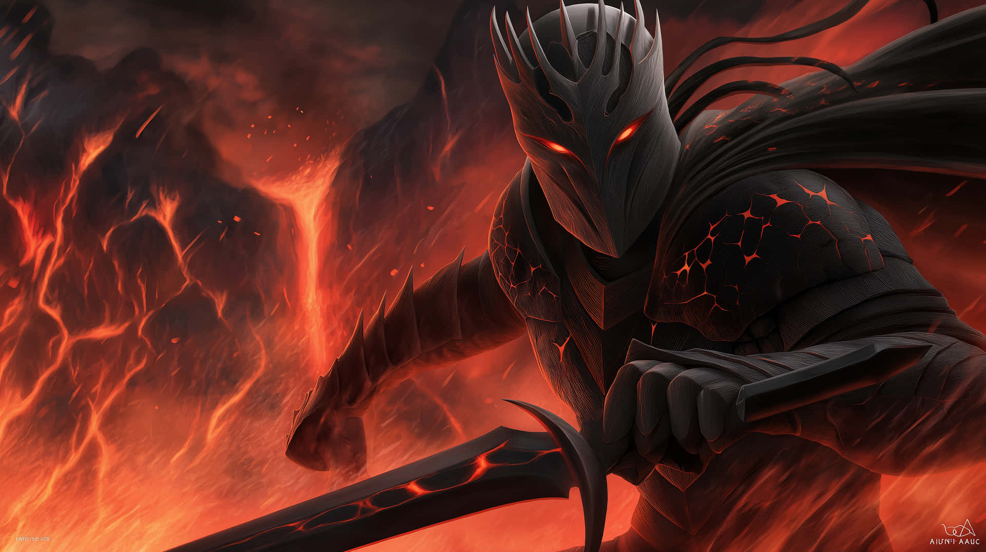Dark Knight with Fiery Eyes and Cracked Armor Amidst Lava 壁紙 — 一個帶有發光紅眼的威脅性裝甲騎士，在流動的熔岩和黑暗煙霧的背景下揮舞著一把鋸齒劍。