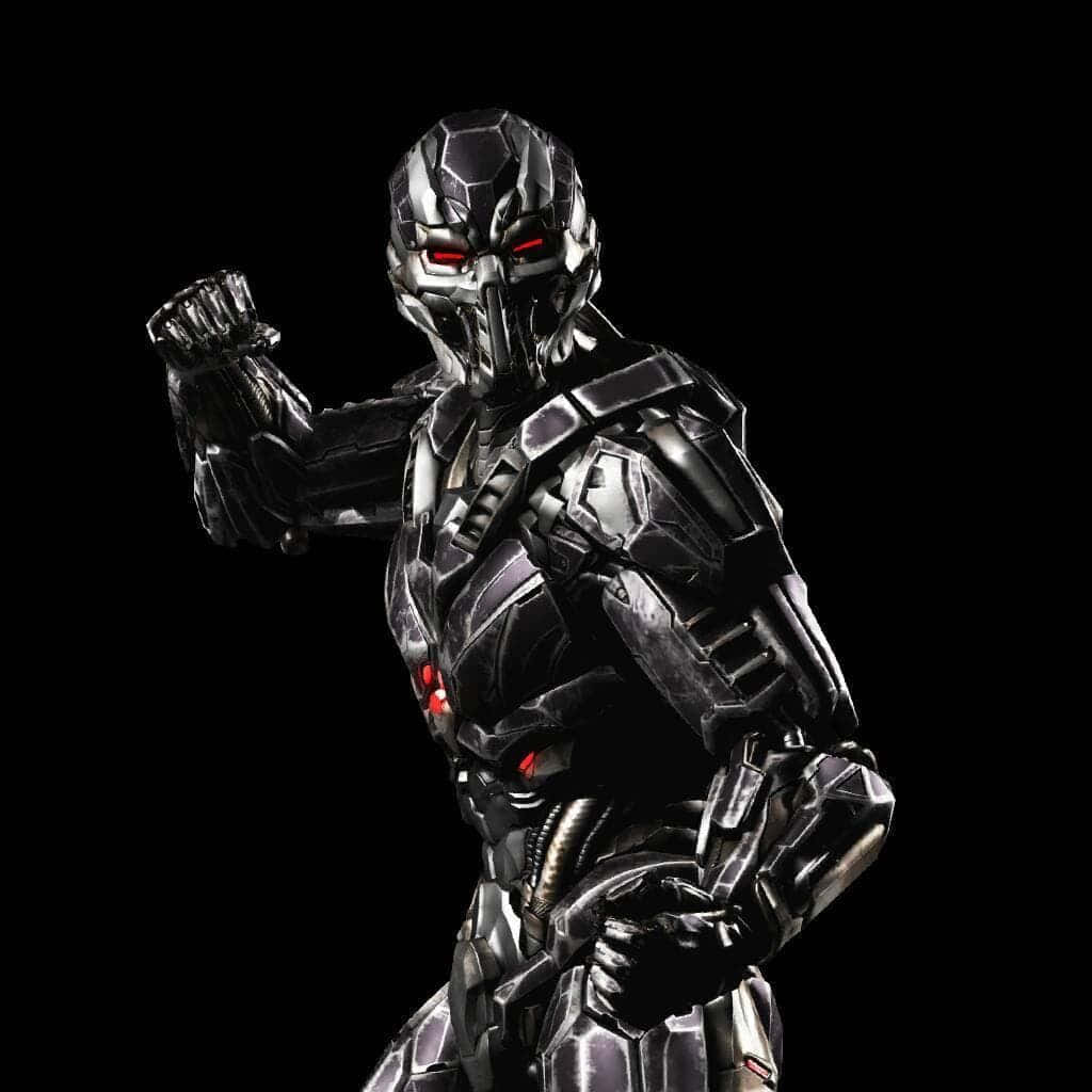 Mortal Kombat Triborg 桌布 壁紙 — 一個帶有發光紅眼的威脅性銀色裝甲機器人在黑色背景前擺出強力姿勢。