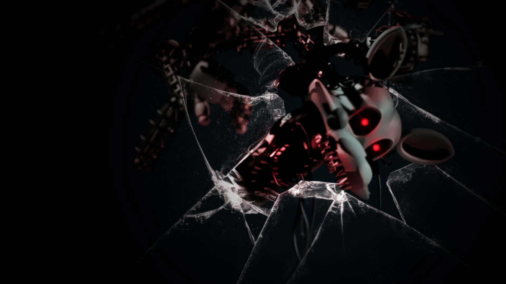 Scary Fnaf 桌布 壁紙 — 一個帶有發光紅眼的威脅性電子動畫人偶在黑暗背景下衝破碎玻璃。