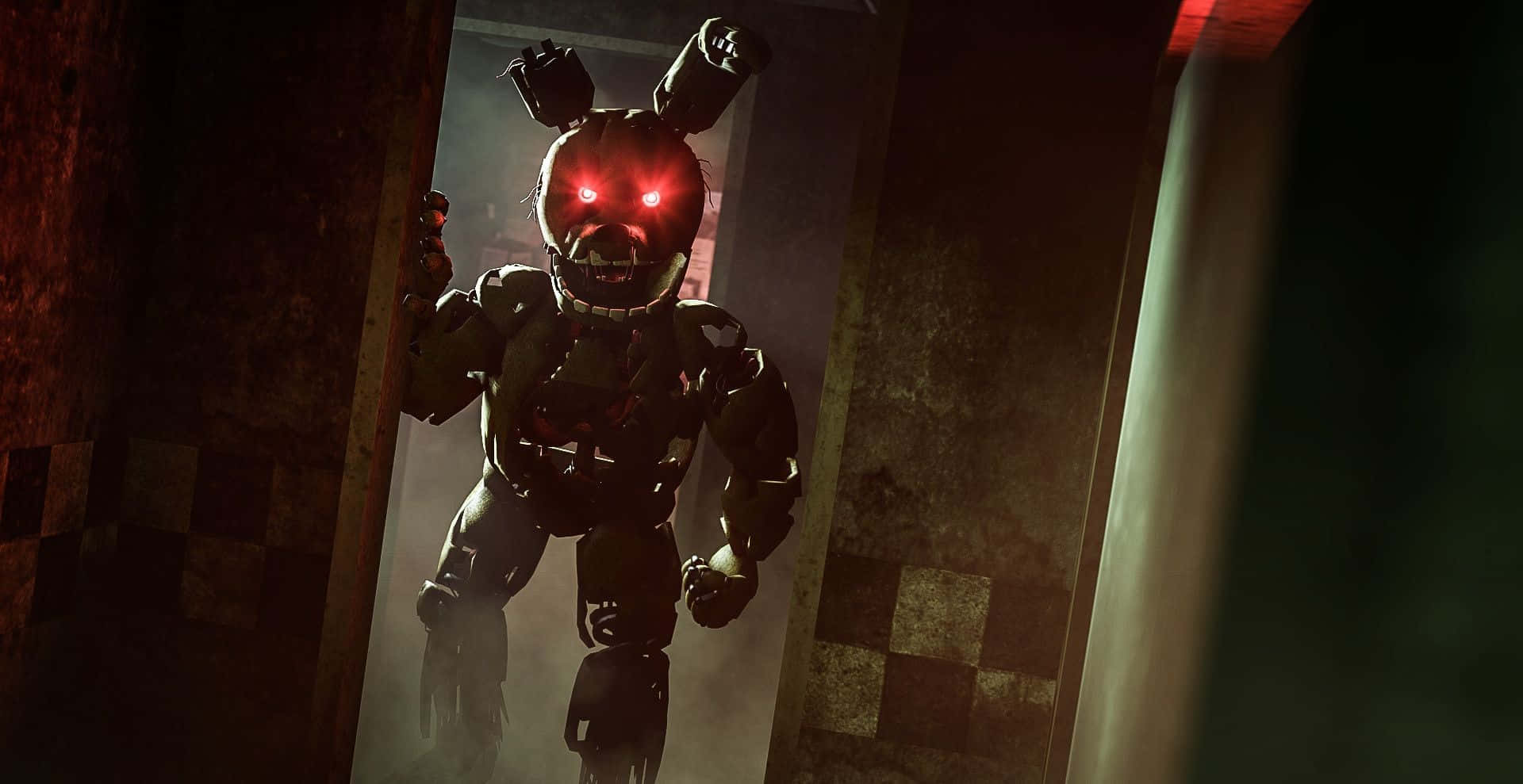 Springtrap 桌布 壁紙 — 一個帶有發光紅眼的威脅性電子動畫從昏暗的門口出現在骯髒的工業環境中。