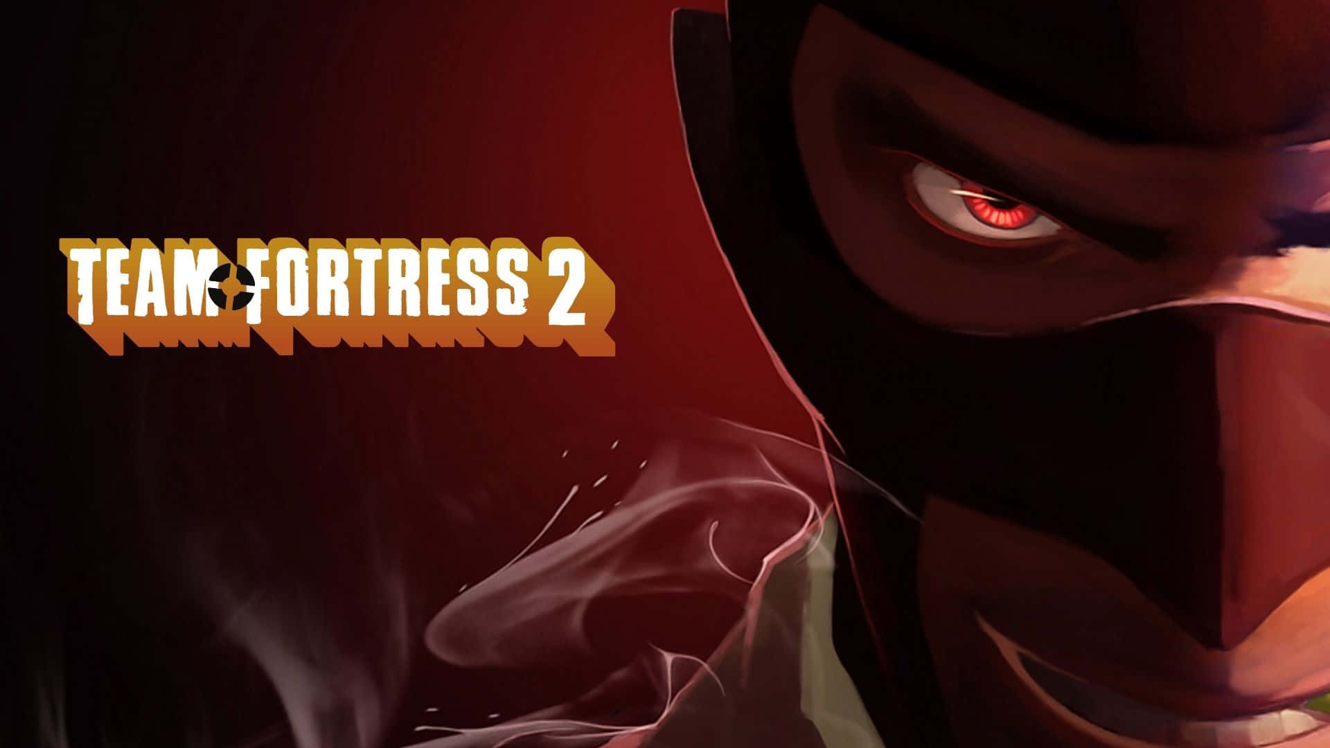 1920x1080 Tf2 桌布 壁紙 — 一個帶有發光紅眼的威脅性面具角色在深紅色背景上咧嘴笑，背景上有 Team Fortress 2 標誌。