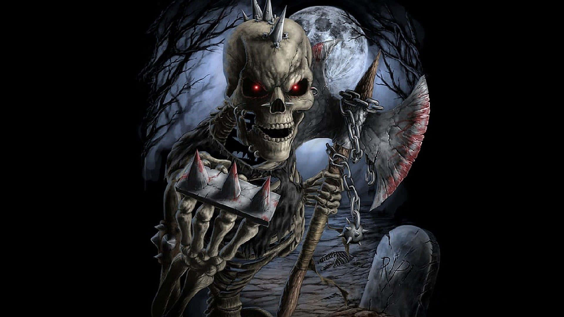 Evil Skull 桌布 壁紙 — 一個帶有發光紅眼的威脅性骷髏身影，在滿月下的黑暗墓地中揮舞著帶刺的斧頭。