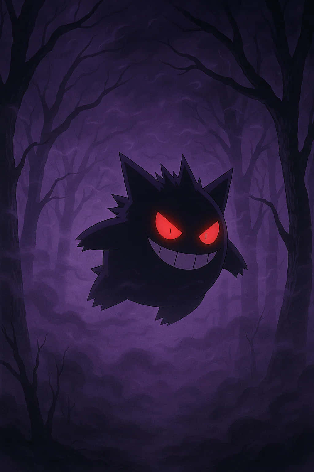 Gengar HD Wallpaper WEBP 4K Background Download 壁紙 — 一個帶有發光紅眼的威脅性黑色幽靈漂浮在一個有裸樹的深紫色鬧鬼森林中。