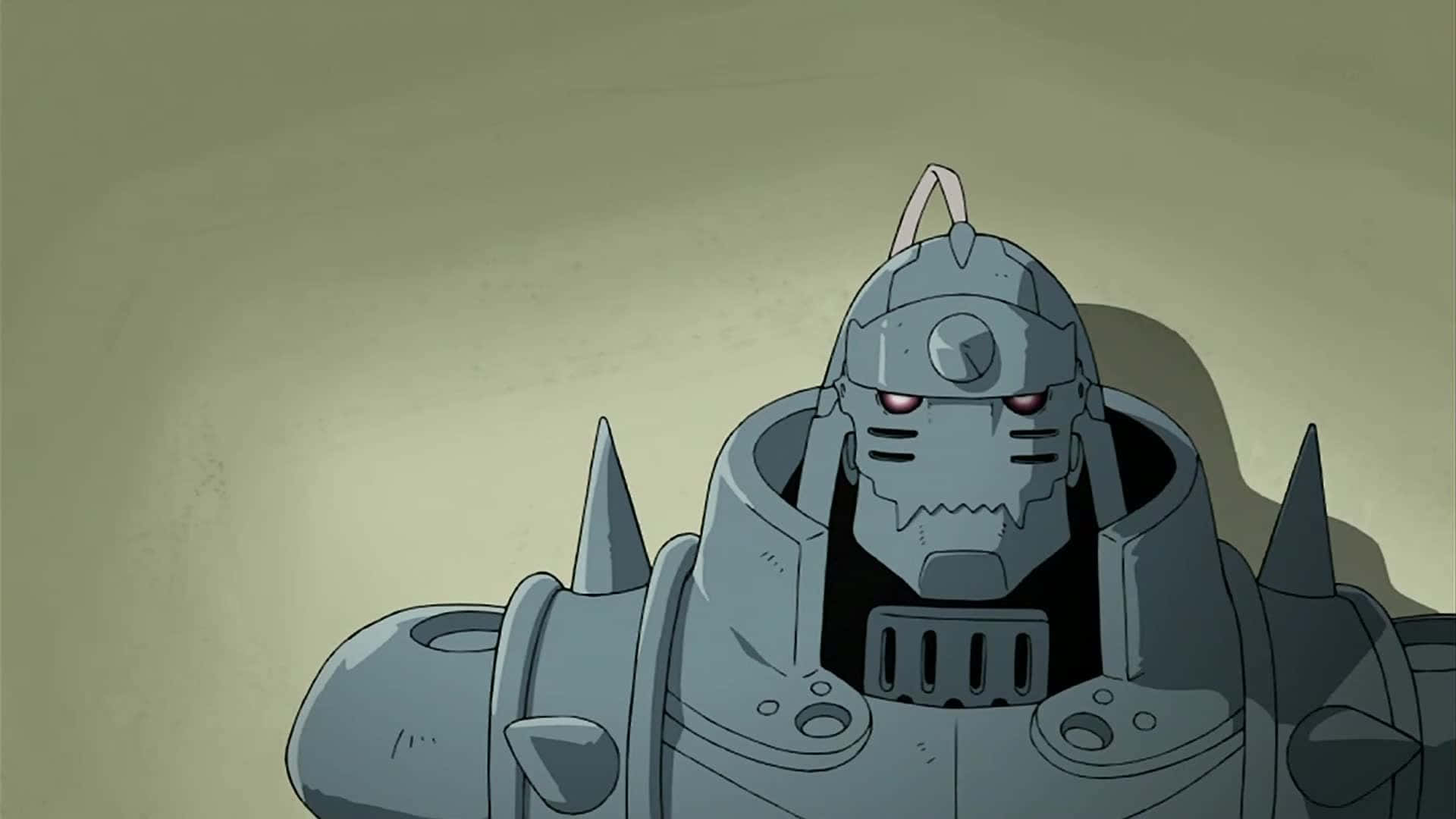 Alphonse Elric 桌布 壁紙 — 一個帶有發光紅眼的灰色裝甲機器人，在柔和的綠色背景下向前凝視。