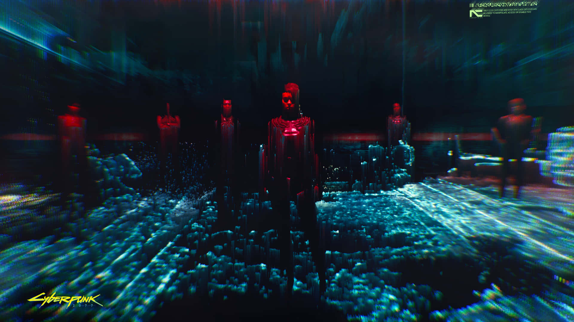 1080p Cyberpunk 2077 桌布 壁紙 — 一個帶有發光紅眼的賽博龐克人物站在霓虹燈閃爍、雨水濕滑的未來城市景觀中。