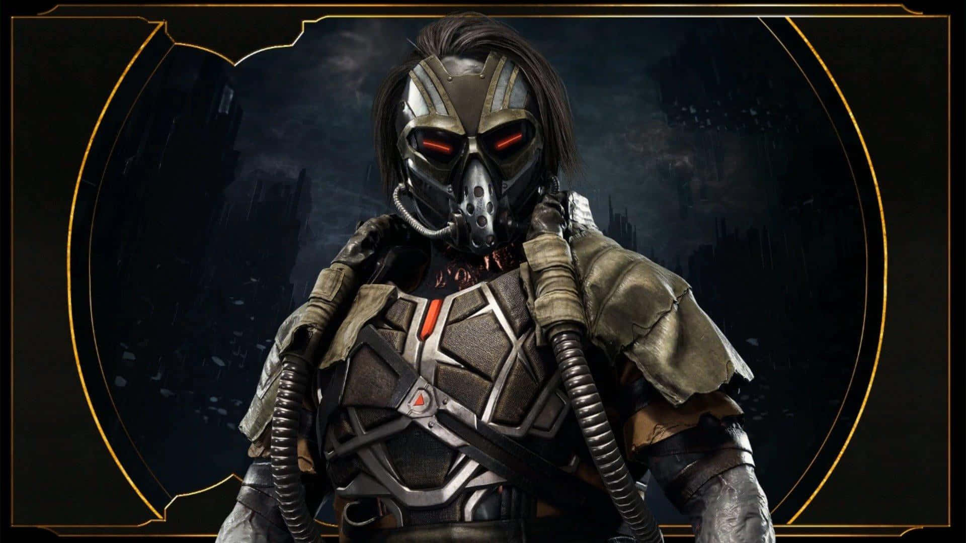 Mortal Kombat Kabal 桌布 壁紙 — 一個帶有發光紅色眼睛的威脅性裝甲戰士站在一個由金色圓形邊框框住的黑暗未來環境中。
