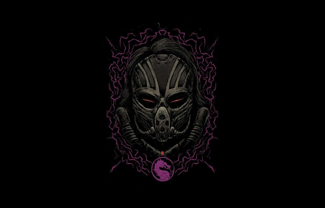 Mortal Kombat Kabal 桌布 壁紙 — 一個帶有發光紅色眼睛的威脅性黑色面具，被鋸齒狀紫色閃電包圍，背景為黑色。