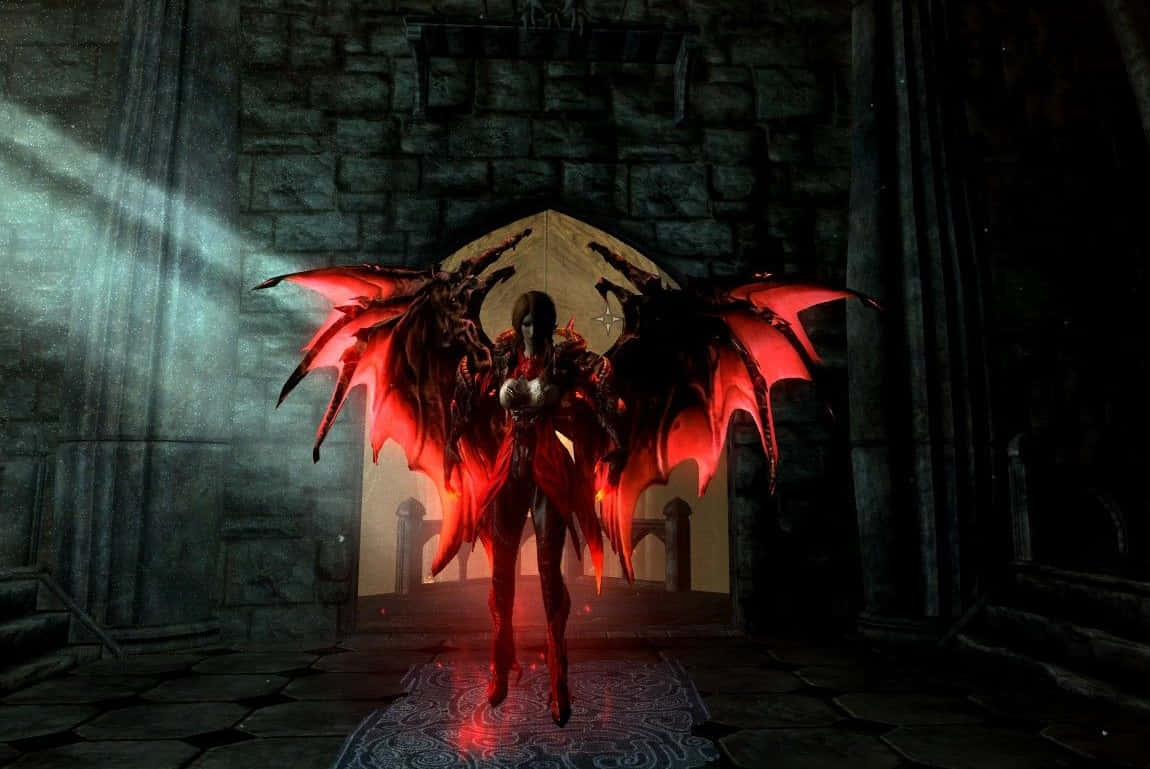 Vampire Lord 桌布 壁紙 — 一個帶有發光紅色翅膀的惡魔般的人物站在哥德式大教堂中，被從上方射下的一束光照亮。