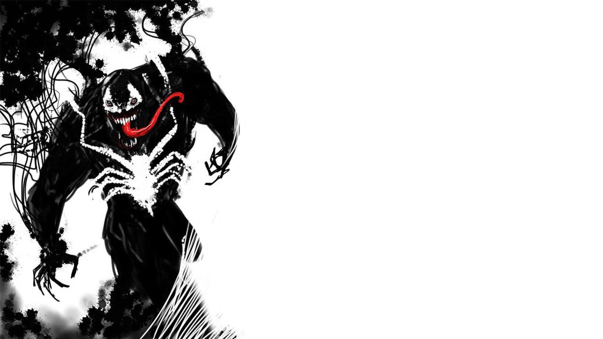 Scary Venom 桌布 壁紙 — 一個帶有發光紅色舌頭和白色蜘蛛標誌的威脅性黑色共生體生物，從深色樹葉中出現在純白色背景上。