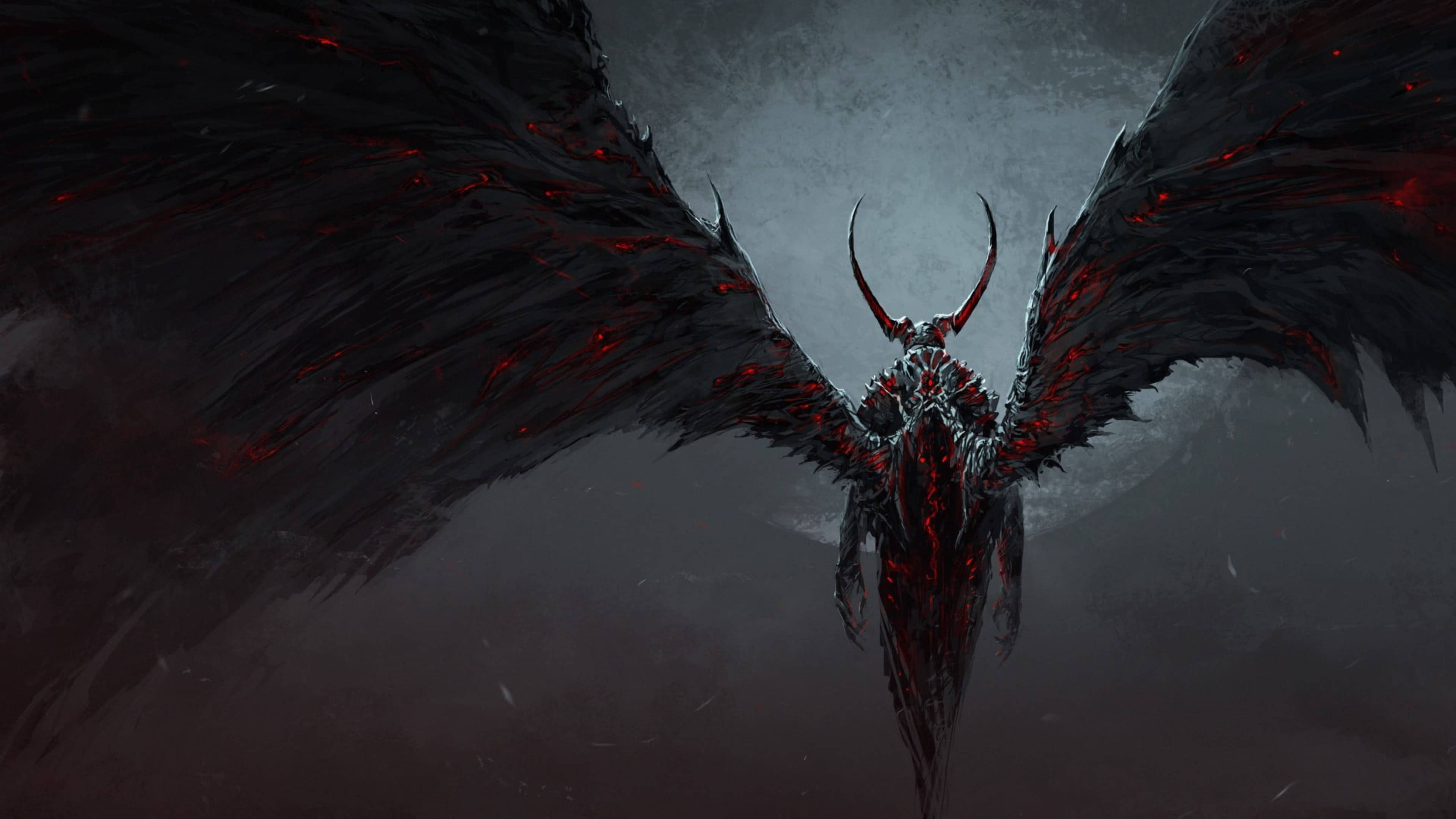Wings 桌布 壁紙 — 一個帶有發光紅色血管和角的威脅性暗翼惡魔，站在暴風雨的灰色天空前。