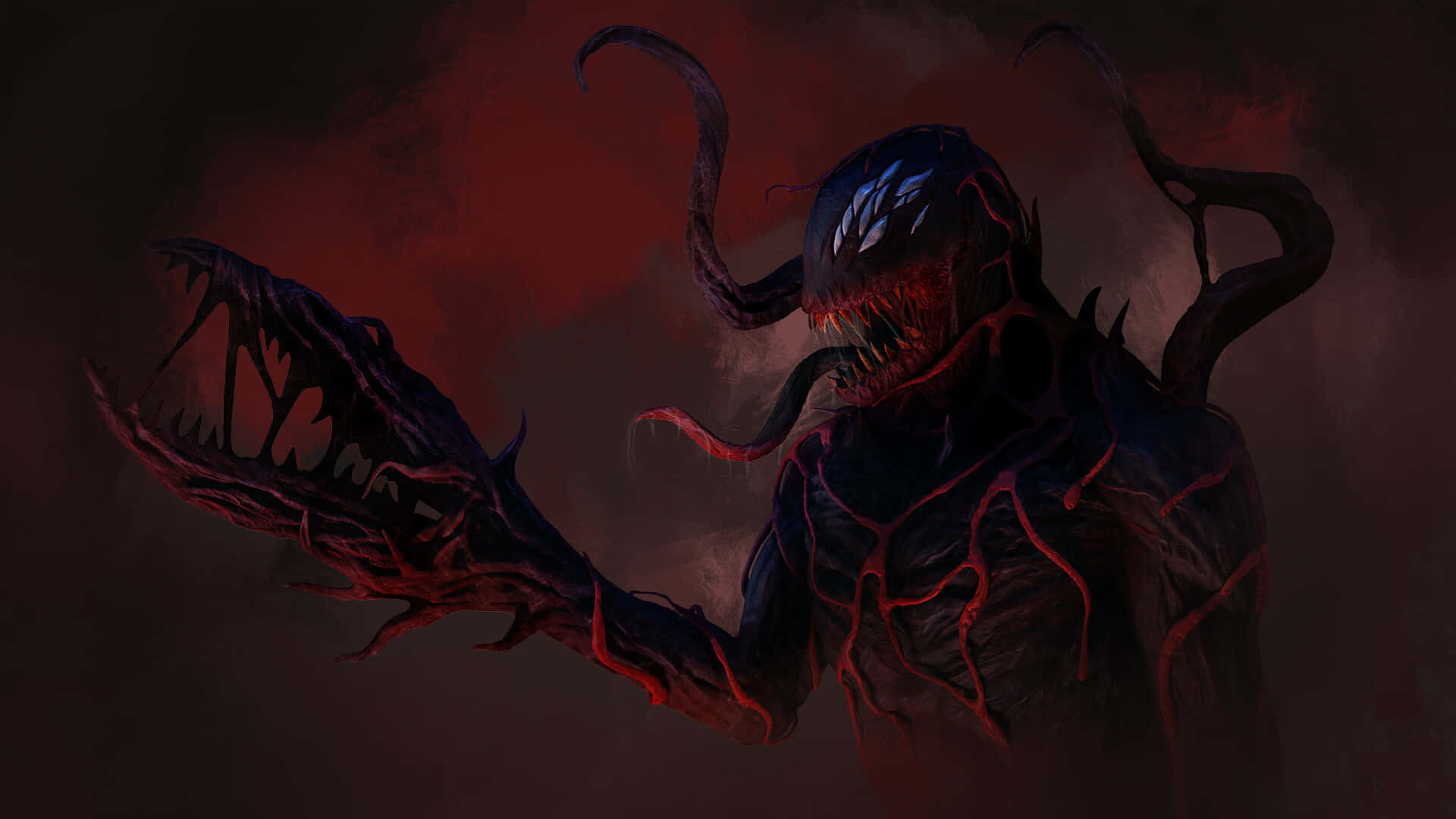 Maximum Carnage 桌布 壁紙 — 一個帶有發光紅色血管和鋒利牙齒的威脅性黑色共生生物，在深紅色煙霧背景中向前猛撲。