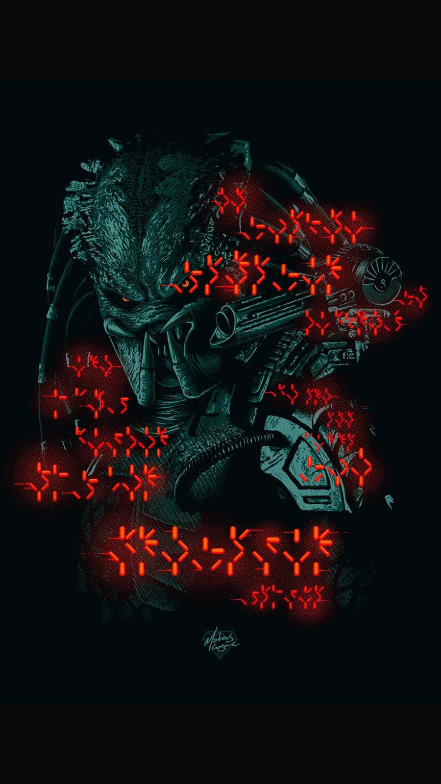 Wolf Predator 桌布 壁紙 — 一個帶有發光紅色部落標記和武器的威脅性外星戰士，以黑暗背景為襯托。