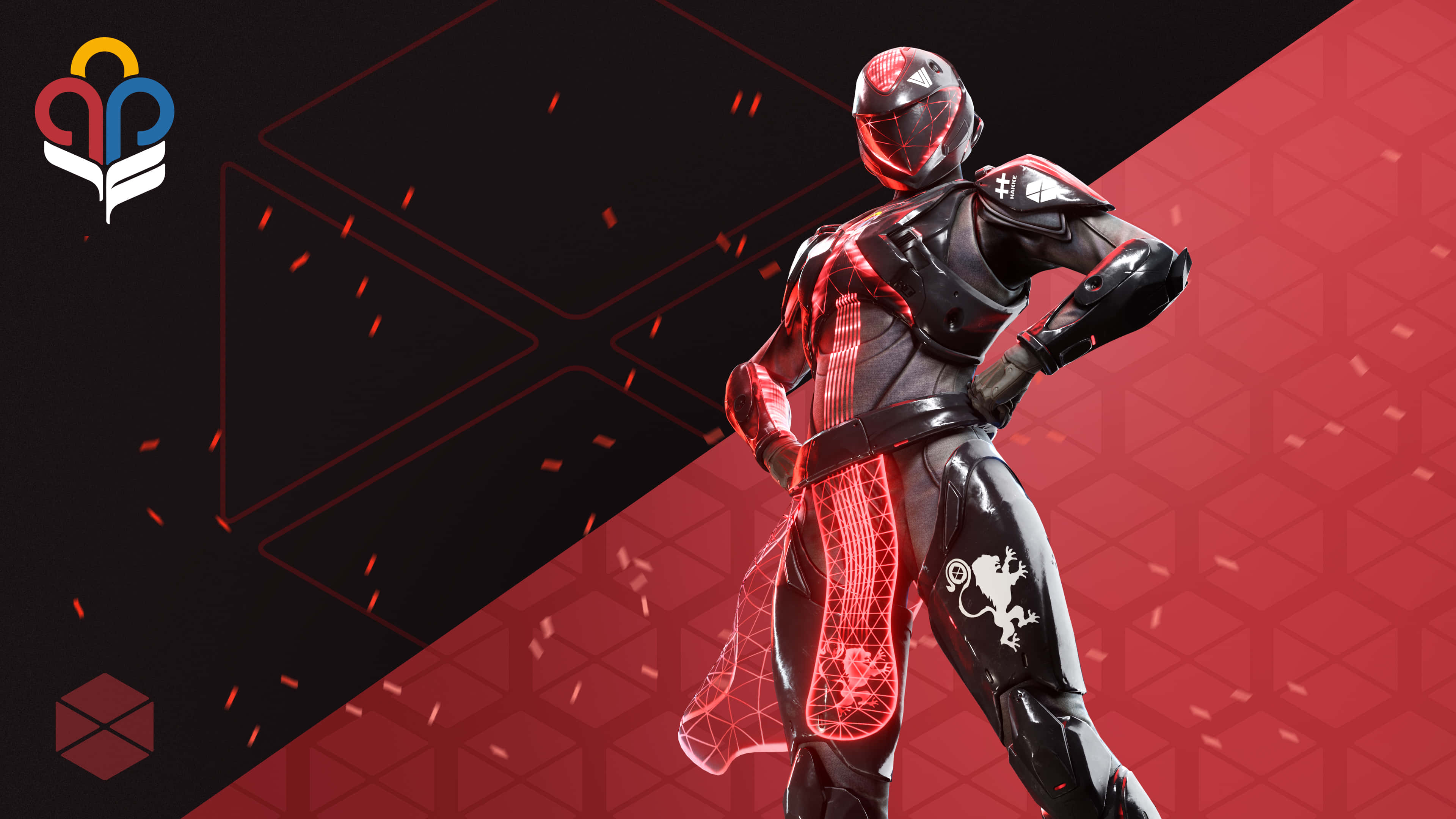 Titan Destiny 2 4K 桌布 壁紙 — 一個帶有發光紅色電路的未來風格裝甲人物，自信地站在分裂的黑色和紅色幾何背景前。