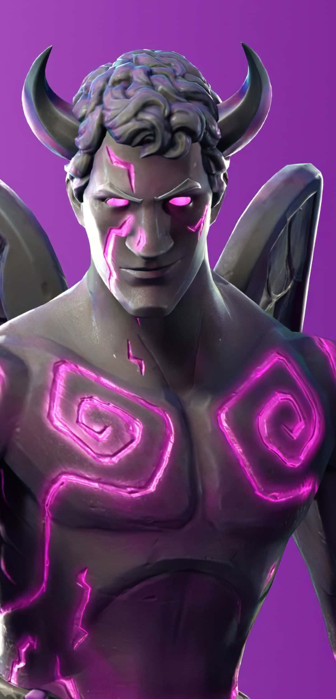 Fortnite 桌布 壁紙 — 一個帶有發光紫色標記、角和翅膀的威脅性數位角色，背景為鮮豔的紫色。
