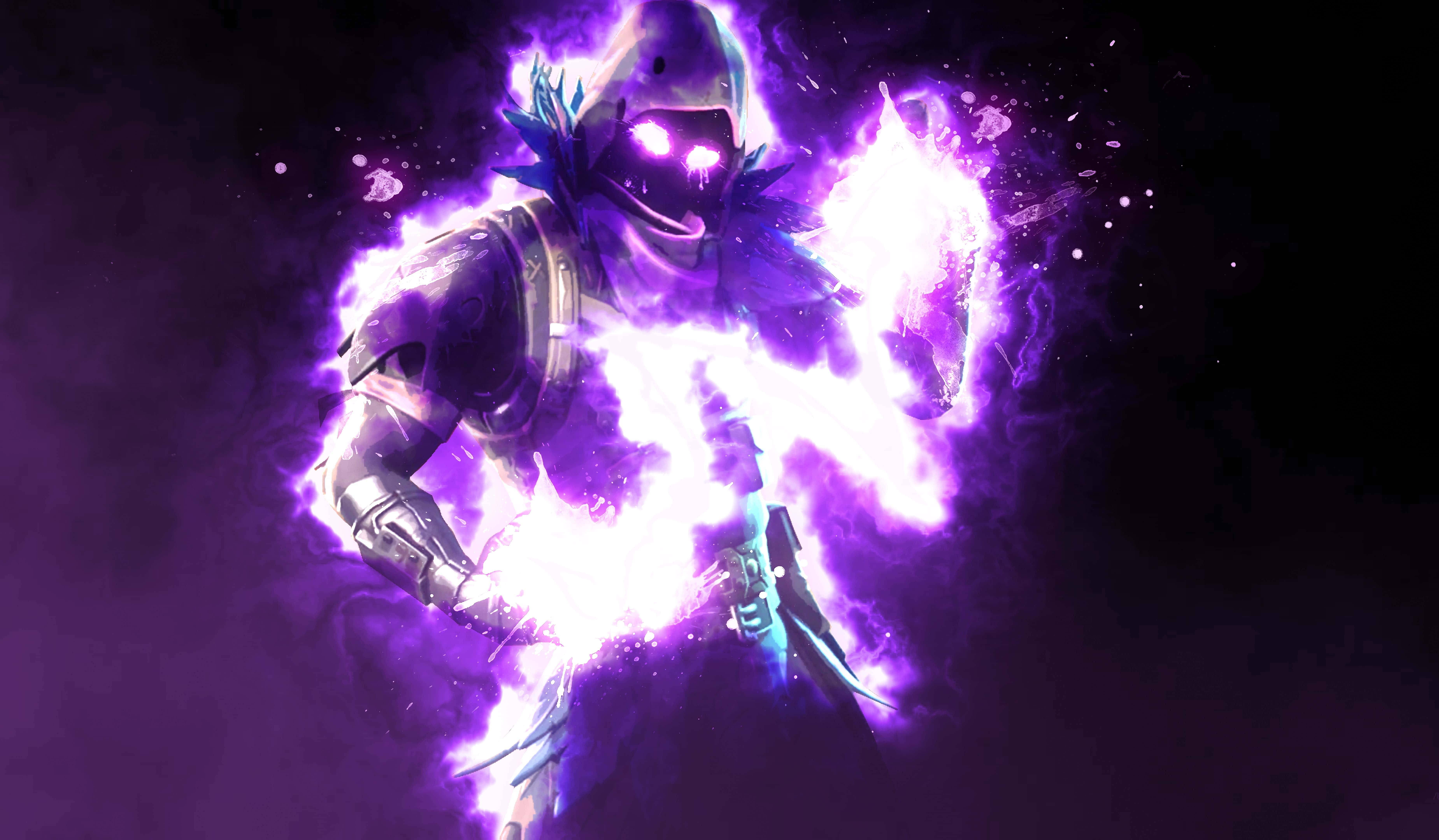 Raven Fortnite 桌布 壁紙 — 一個帶有發光紫色眼睛和周圍能量劈啪作響的威脅性裝甲戰士，背景為黑色。