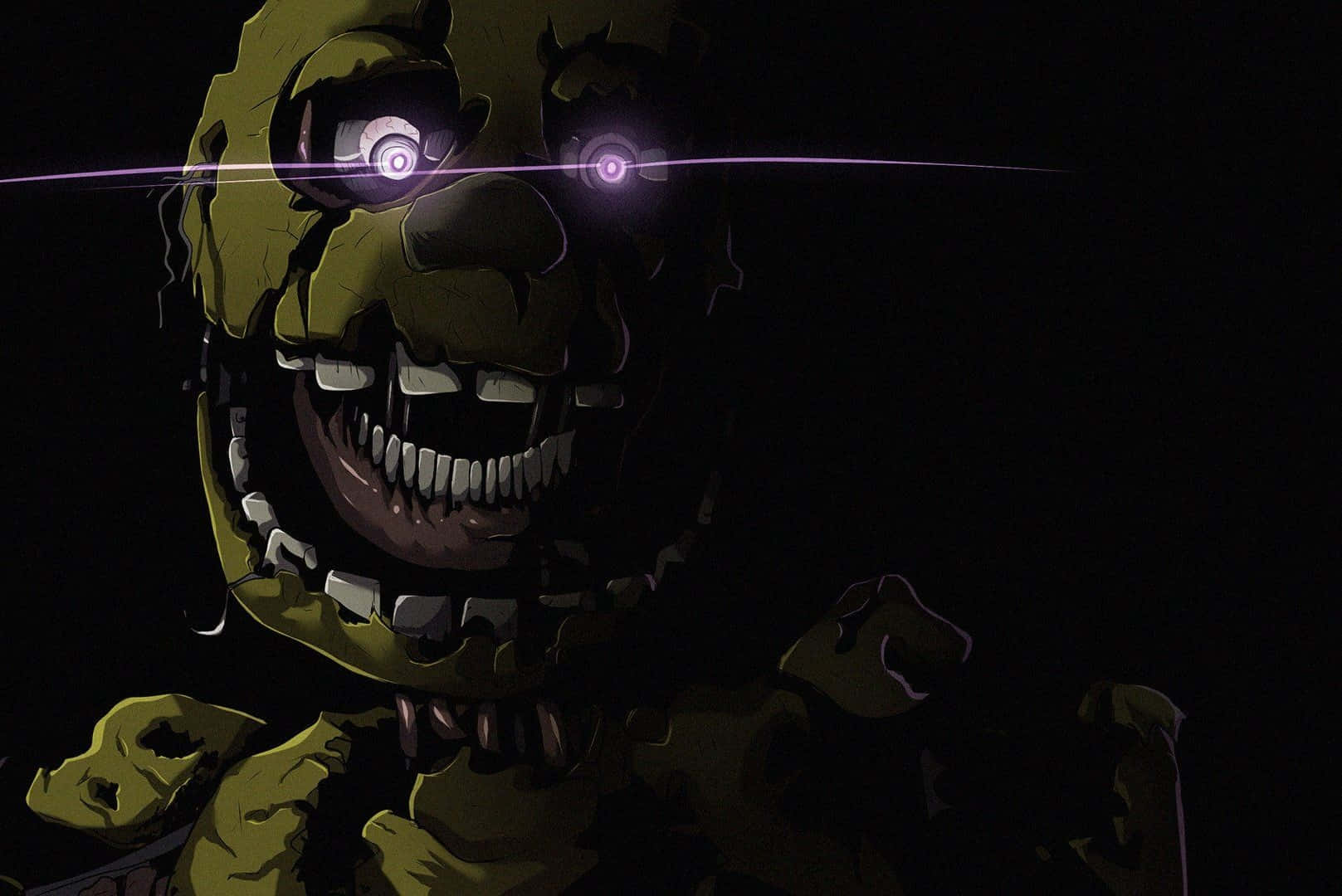 Springtrap 桌布 壁紙 — 一個帶有發光紫色眼睛和尖銳牙齒的威脅性黃色機械玩偶潛伏在黑暗中。