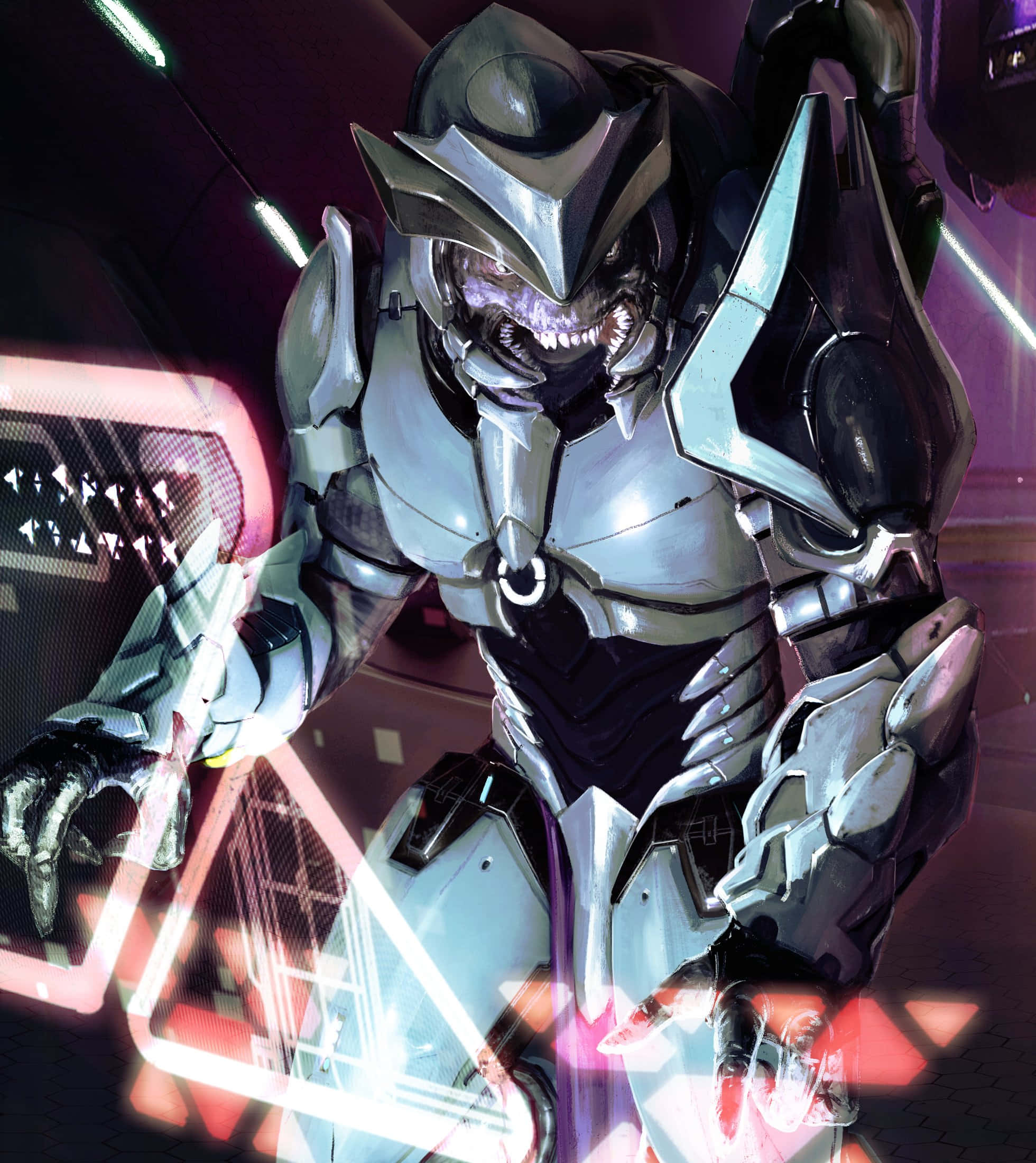 Sangheili 桌布 壁紙 — 一個帶有發光紫色眼睛和尖銳牙齒的威脅性裝甲外星戰士站在一個帶有霓虹燈的未來科幻走廊中。